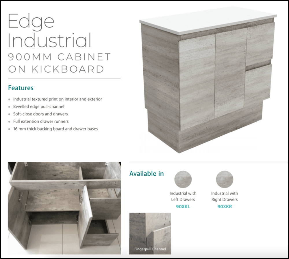 Fienza 900mm SC90XKL Crystal Pure Undermount Stone Top Vanity with Left Drawers & Kickboard - Modern Bathroom Sink Cabinet for Industrial Style Edge Design | Perfect for Home Renovation & Commercial Spaces