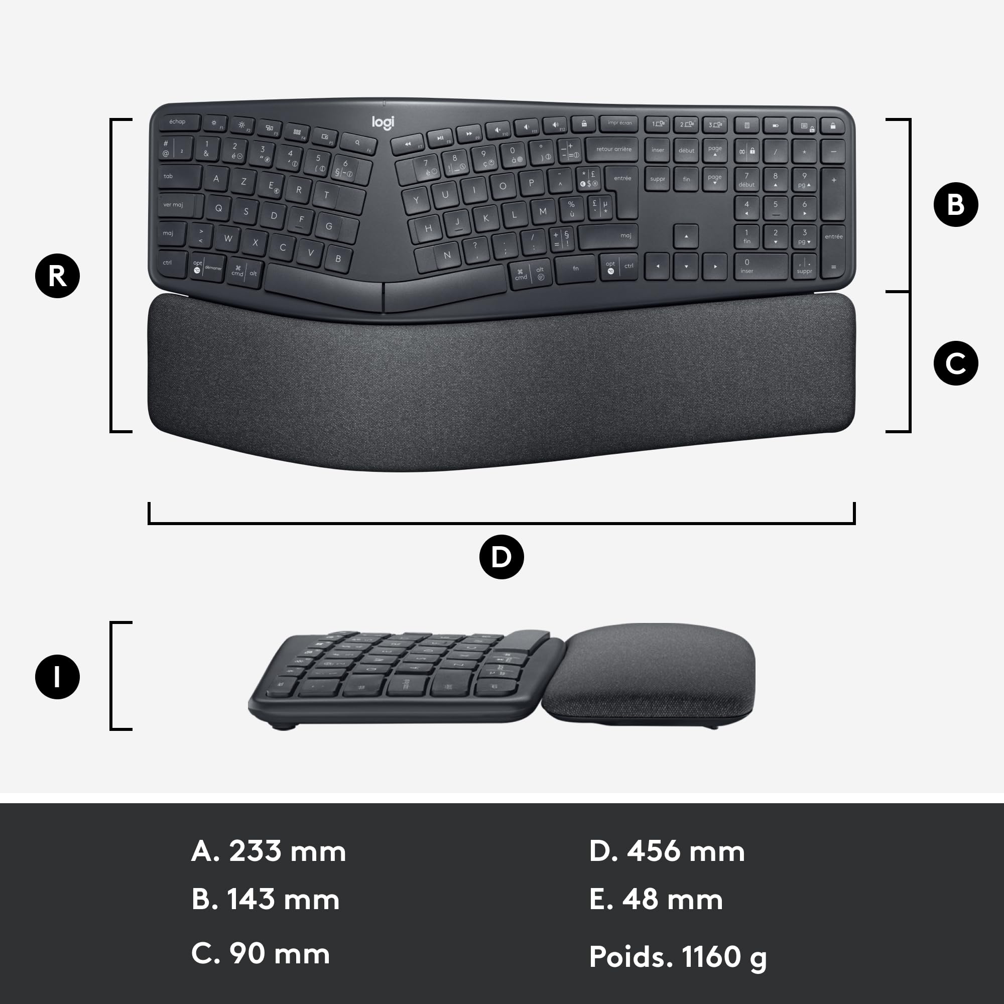 Logitech ERGO K860 Wireless Ergonomic Keyboard with Wrist Rest - Split Design for Natural Typing, Bluetooth & USB Connectivity - PC & Mac Compatible (French AZERTY Layout, Grey) - Ideal for Office Work, Long Typing Sessions & Reducing Wrist Strain