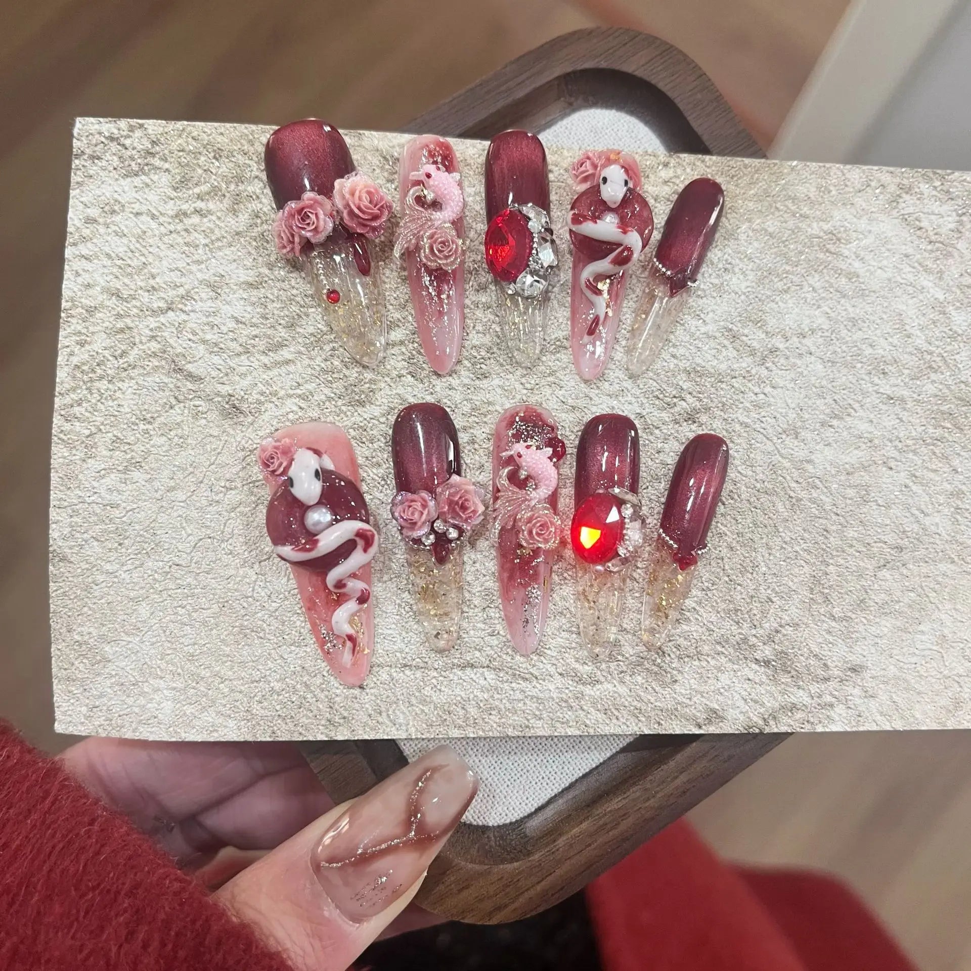 10Pcs Handmade Wine Red Fake Nails with Butterfly Rhinestone Design - Long Almond Detachable Fashion Manicure Full Cover Nail Tips for Parties, Weddings & Special Occasions
