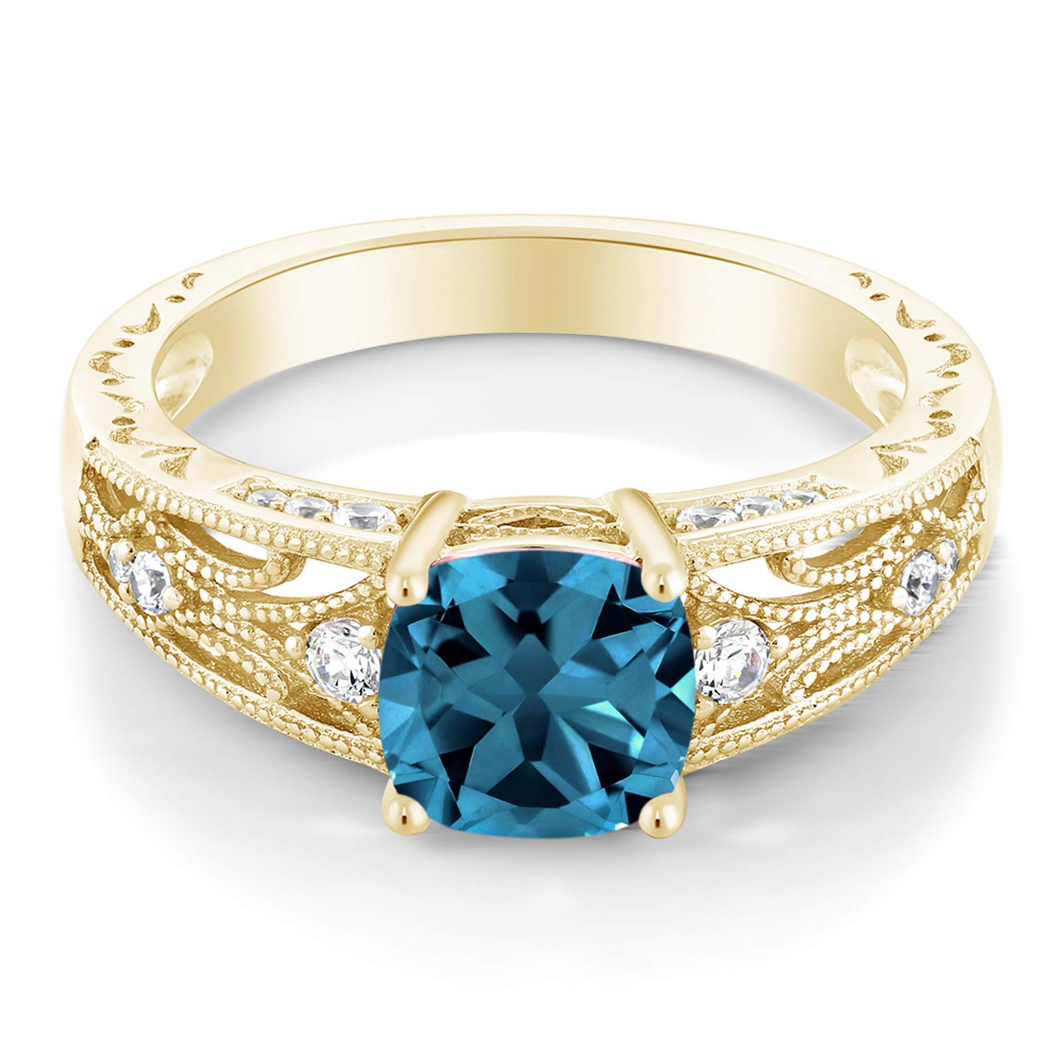 1.34 Ct Cushion London Blue Topaz Ring - 18K Yellow Gold Plated Sterling Silver Jewelry for Women, Elegant Engagement & Wedding Gift, Perfect for Anniversary, Valentine's Day & Special Occasions