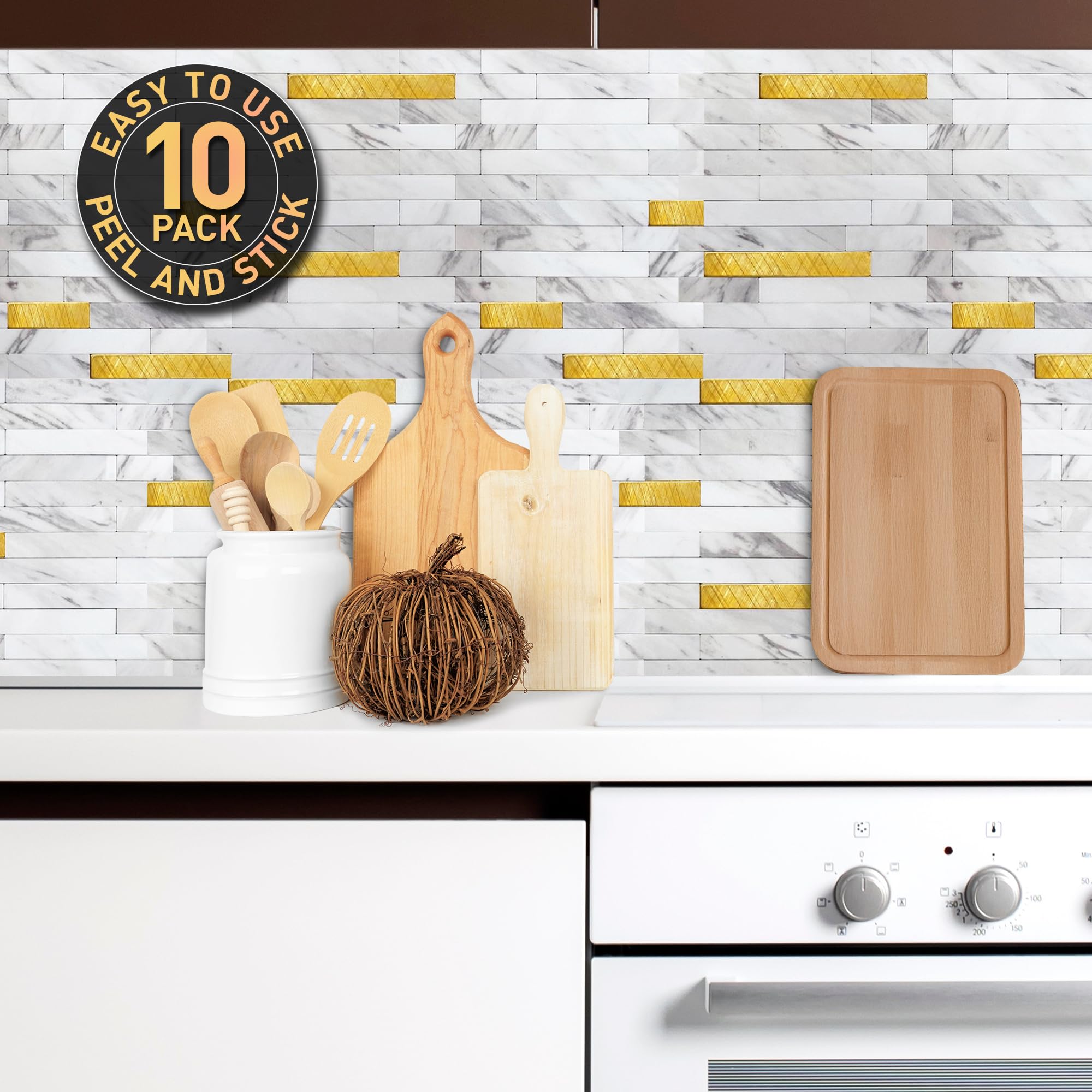 Peel & Stick Backsplash Wall Tile - 10 White & Gold Faux Marble Self-Adhesive Sheets (11.8