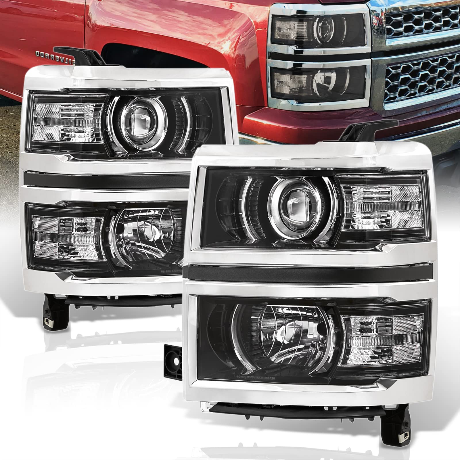 AJP Distributors Black Housing Clear Reflector LED Projector Headlights Pair - Compatible with 2014-2015 Chevy Silverado 1500 Pickup Truck | Improved Visibility & Style for Night Driving & Off-Road Adventures