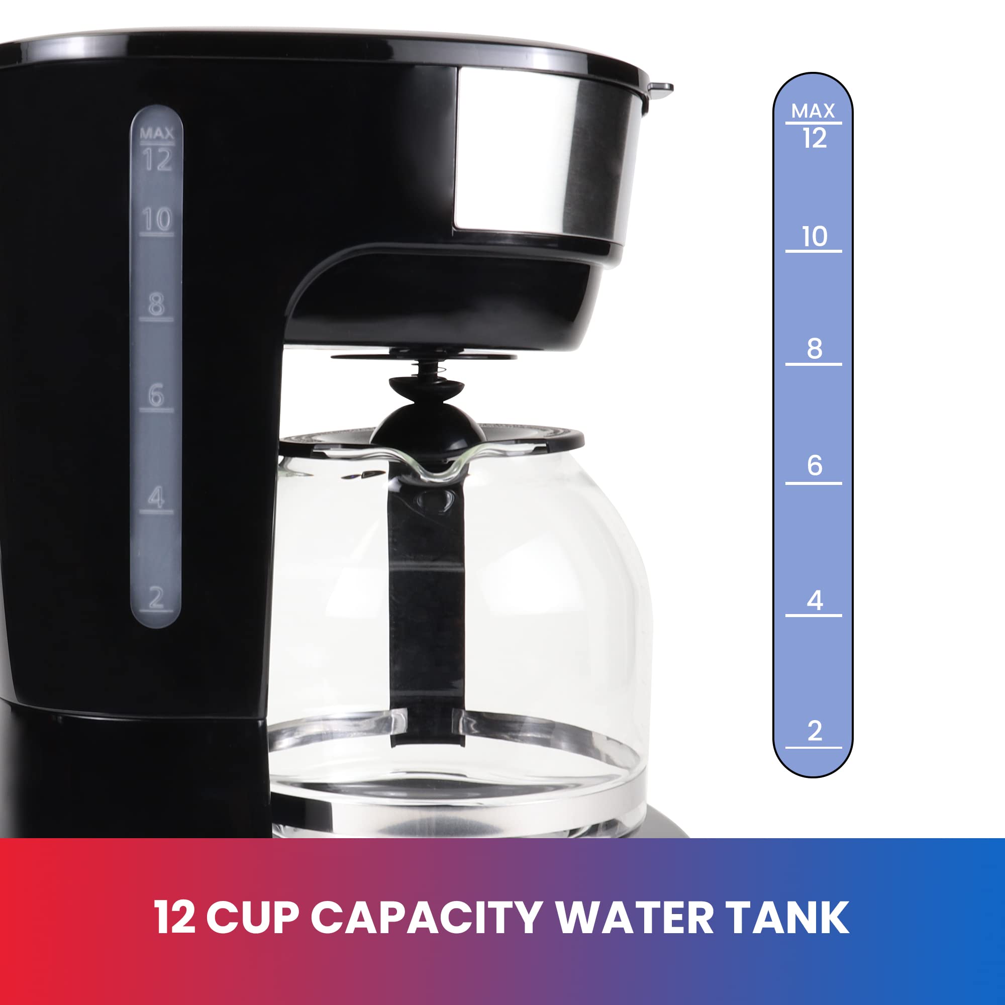 Koolatron Total Chef 12 Cup Programmable Drip Coffee Maker with Glass Carafe & Reusable Filter - Black & Silver - Perfect for Home, Office, and RV Use