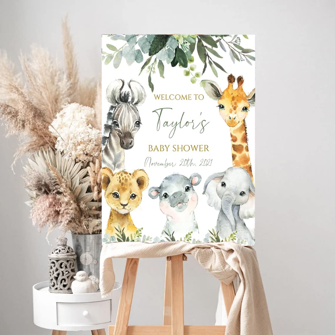 Personalized Woodland Baby Shower Welcome Sign - Jungle & Zoo Animal Themed Nursery Decor - Sage Green Safari Baby Shower Décor for Gender Reveal, First Birthday Party & Nursery Room Decoration