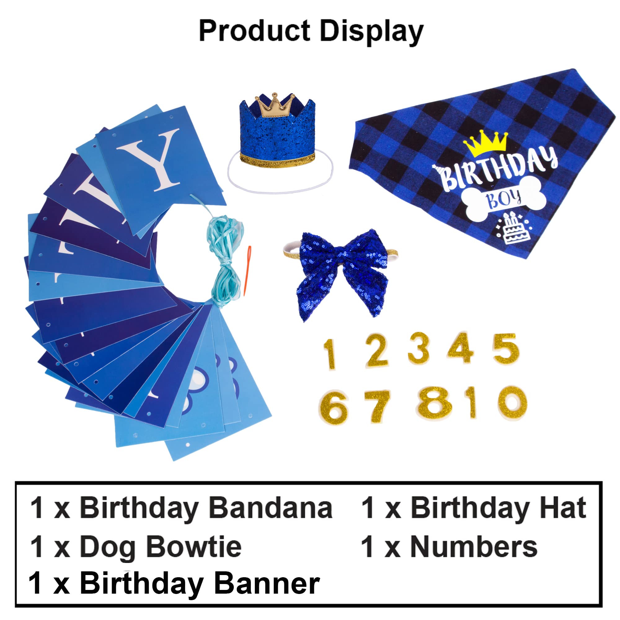 ADOGGYGO Dog Birthday Hat & Bandana Set with Numbers, Scarf Bow & Happy Birthday Banner - Navy Blue Pet Party Supplies for Birthday Celebrations & Photo Shoots