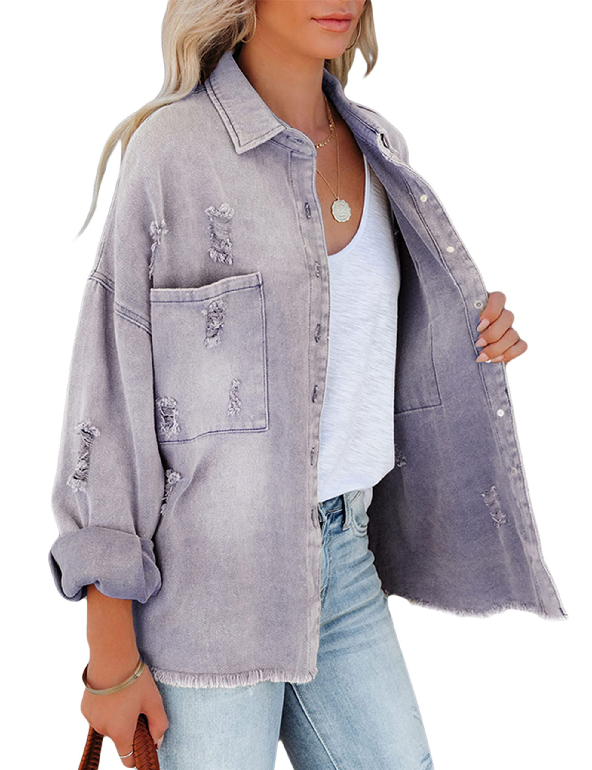 Distressed Denim Jacket for Women - Fringe Hem Ripped Holes Jean Jacket with Pockets | Casual Outfit, Street Style, Spring & Fall Fashion
