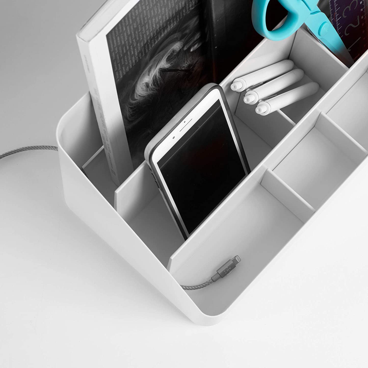 3-Tier Poppin Desk Organizer with Sliding Dividers & Charging Station - All-in-One Workspace Solution for Office Supplies, Perfect for Home Office & Study Desk Organization