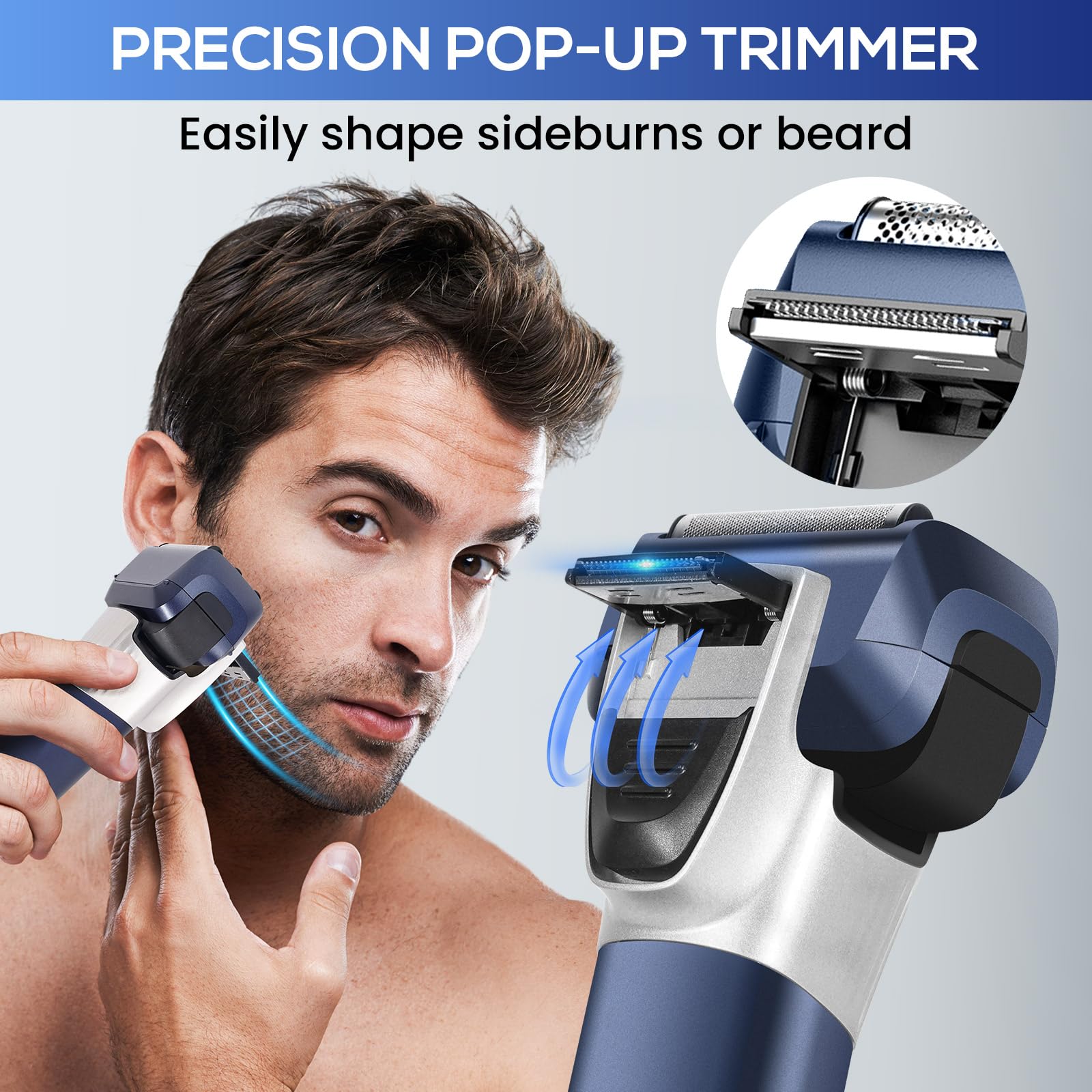 **Premium 5-Blade Electric Shaver for Men – Wet/Dry Cordless Rechargeable Razor with Pop-Up Trimmer, 2 Speeds, Navy Blue – Perfect for Travel & Daily Grooming**