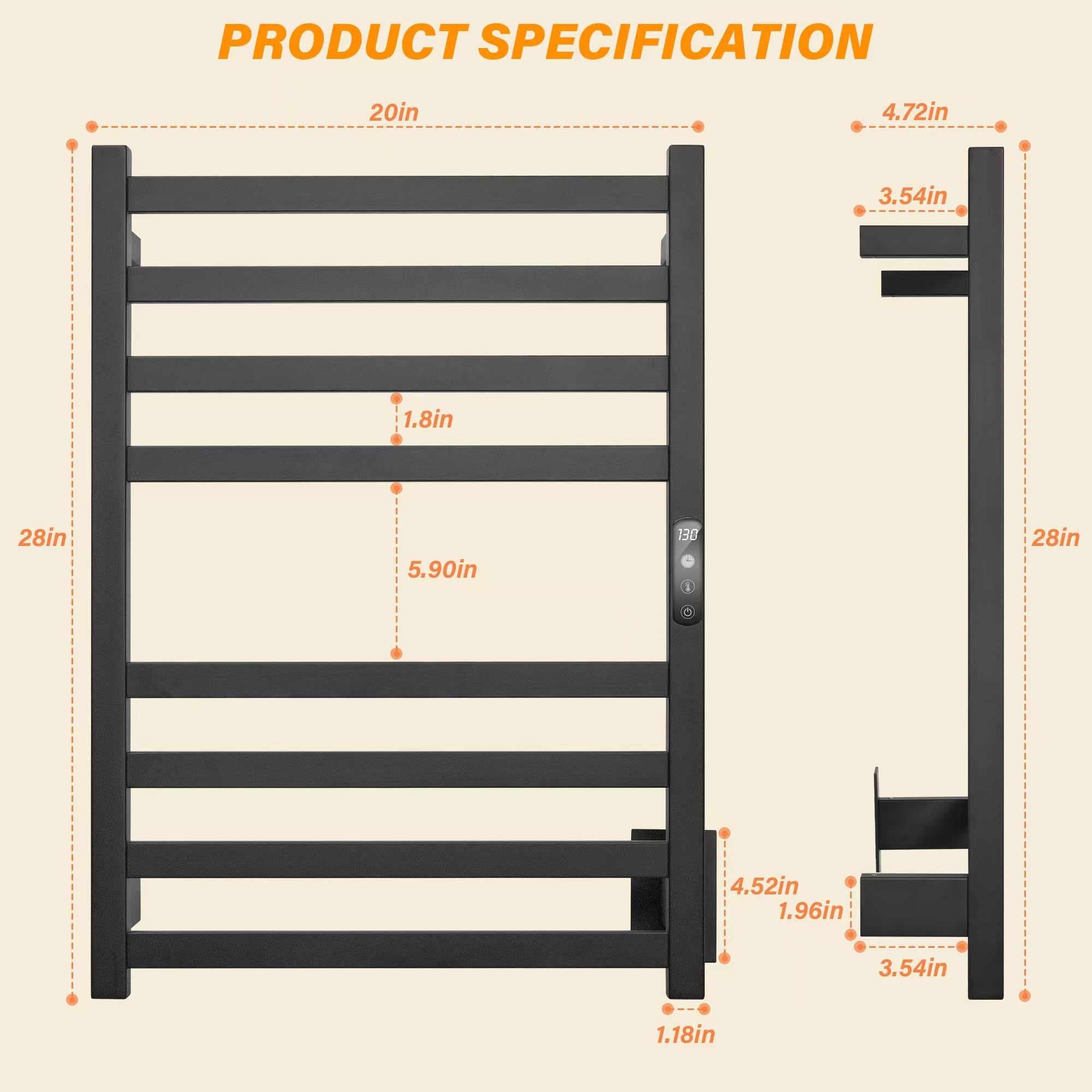 Premium Matte Black Heated Towel Rack - Wall Mounted Electric Towel Warmer & Dryer with Adjustable Temperature Control & 24H Timer - Perfect for Bathrooms, Spas, and Luxury Home Decor (Plug-in/Hardwired Options)