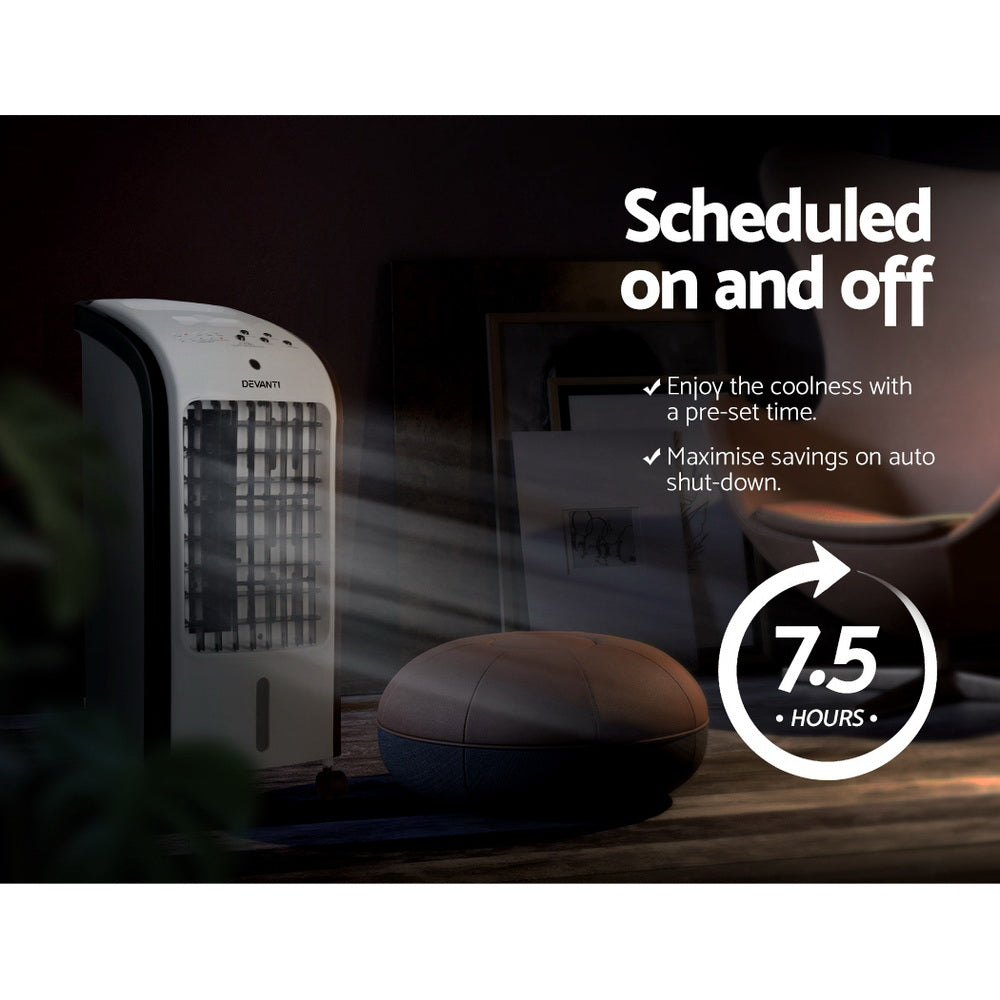 Devanti 4L Portable Evaporative Air Cooler - Personal Space Cooler for Home, Office & Outdoor Use - Energy Efficient Cooling Fan with 3 Speeds & 7-Hour Timer