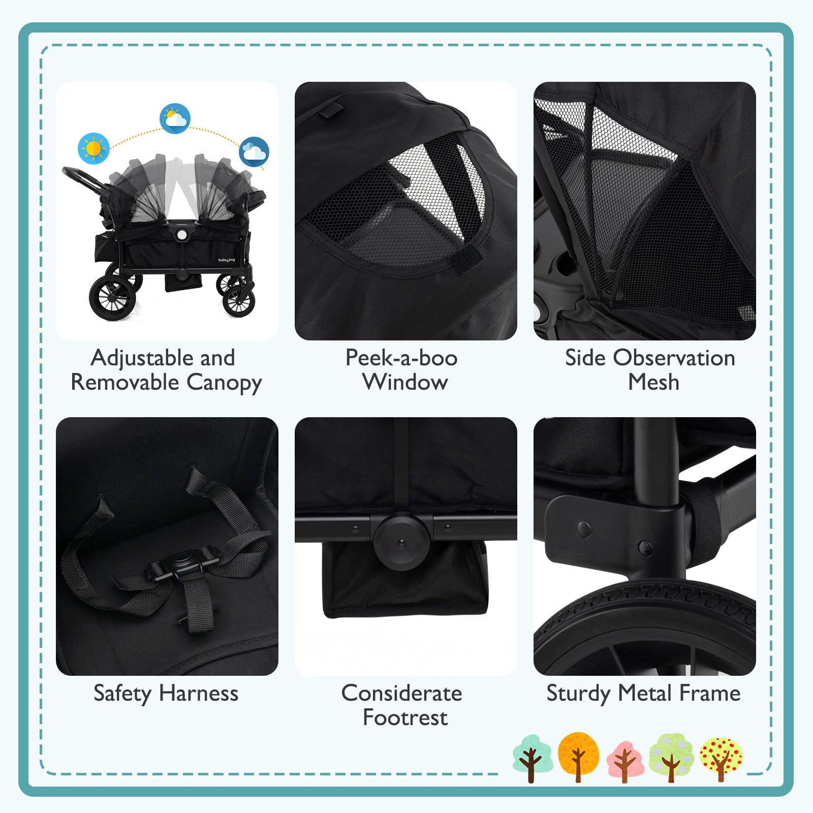 **BABY JOY Double Stroller Wagon for 2 Kids - Foldable Push Pull Wagon with Adjustable Handle, Removable Canopy, Safety Harness, Cup Holder & Snack Tray - Perfect for Outings, Beach, Park & Shopping (Black)**