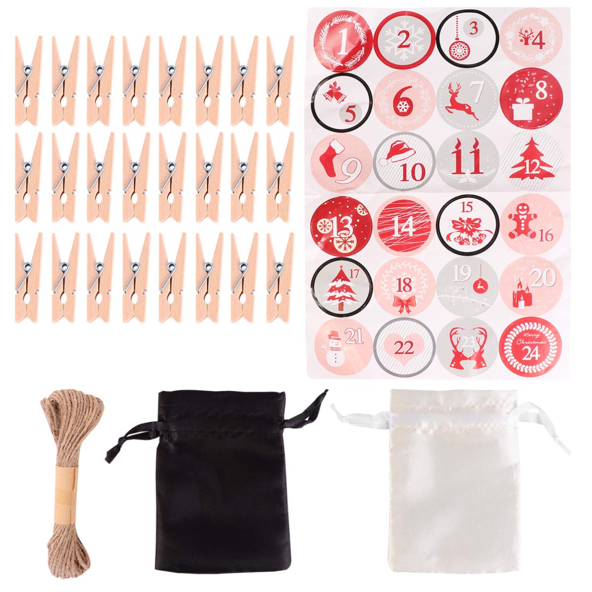 24pcs Christmas Advent Calendar Gift Bags with Clothespin - Cabilock 24 Days Countdown Sacks with Rope & Stickers for Kids, Holiday Wrapping Bags for Christmas Presents, Stocking Stuffers & Party Favors