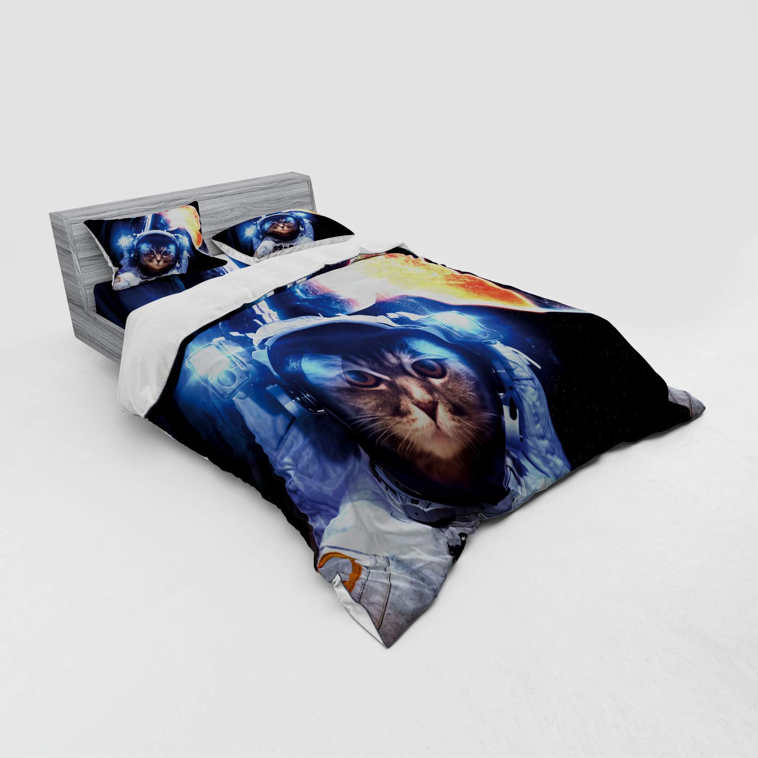 Ambesonne Space Cat Bedding Set - 4 Piece Queen Size Duvet Cover with Shams & Fitted Sheet, Kitten in Space Suit with Planets & Nebula Design, White Orange Dark Blue - Perfect for Kids' Room, Space Themed Bedroom & Sci-Fi Decor