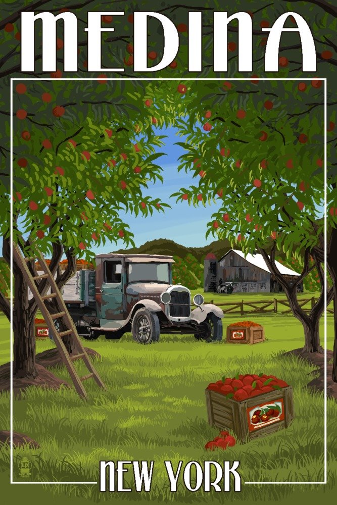 Signed Medina New York Apple Orchard and Truck 80332 Art Print - 24x36 Wall Decor Poster for Farmhouse, Country Kitchen & Rustic Home Decor
