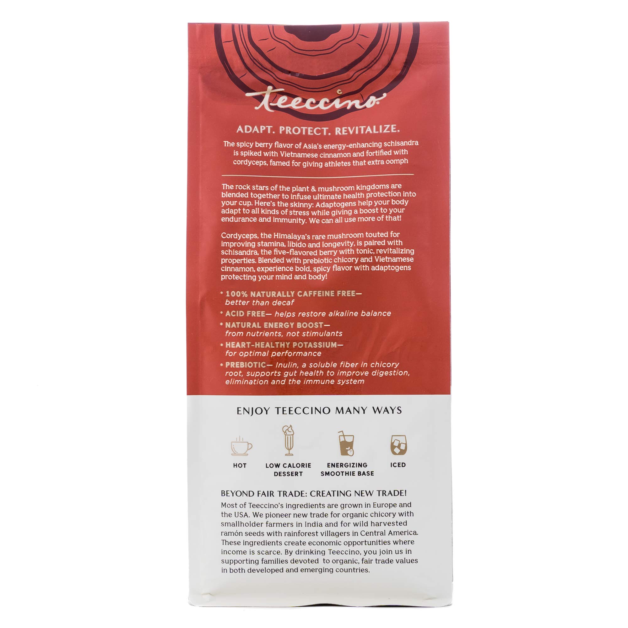Teeccino Cordyceps Schisandra Herbal Coffee Alternative - Cinnamon Berry Flavor | Caffeine-Free, Prebiotic, Acid-Free, Gluten-Free Mushroom Coffee | Adaptogenic Energy Boost | 10oz Bag - Perfect for Morning Routine & Healthy Lifestyle