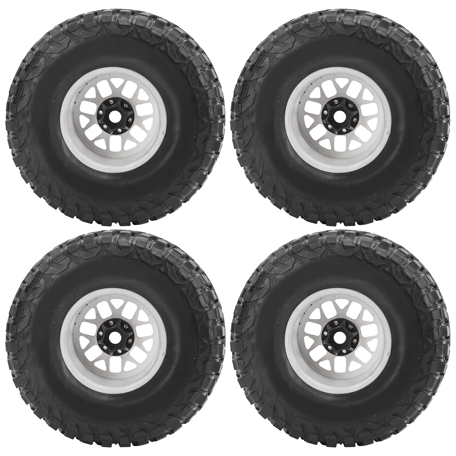 4PCS Beadlock Wheel Rims with Rubber Tires - Aluminum Alloy 1/10 Scale RC Crawler Car Accessories for HSP, Tamiya, Axial SCX10, D90 (White) - Perfect for Off-Road Crawling and Scale Trail Adventures
