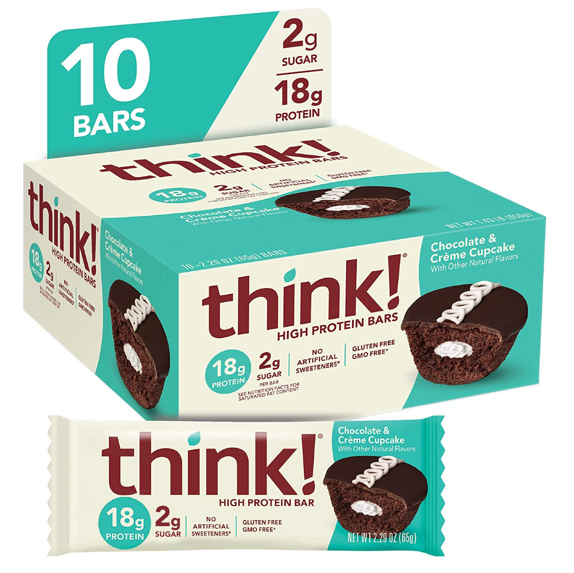 Think! Protein Bars - High Protein Snacks, Gluten Free, Low Sugar Energy Bar with Whey Protein Isolate | Chocolate & Crème Cupcake Flavor | No Artificial Sweeteners | 2.1 Oz (10 Count) | Perfect for Workout Recovery, Office Snacks & Healthy On-the-Go Nutrition