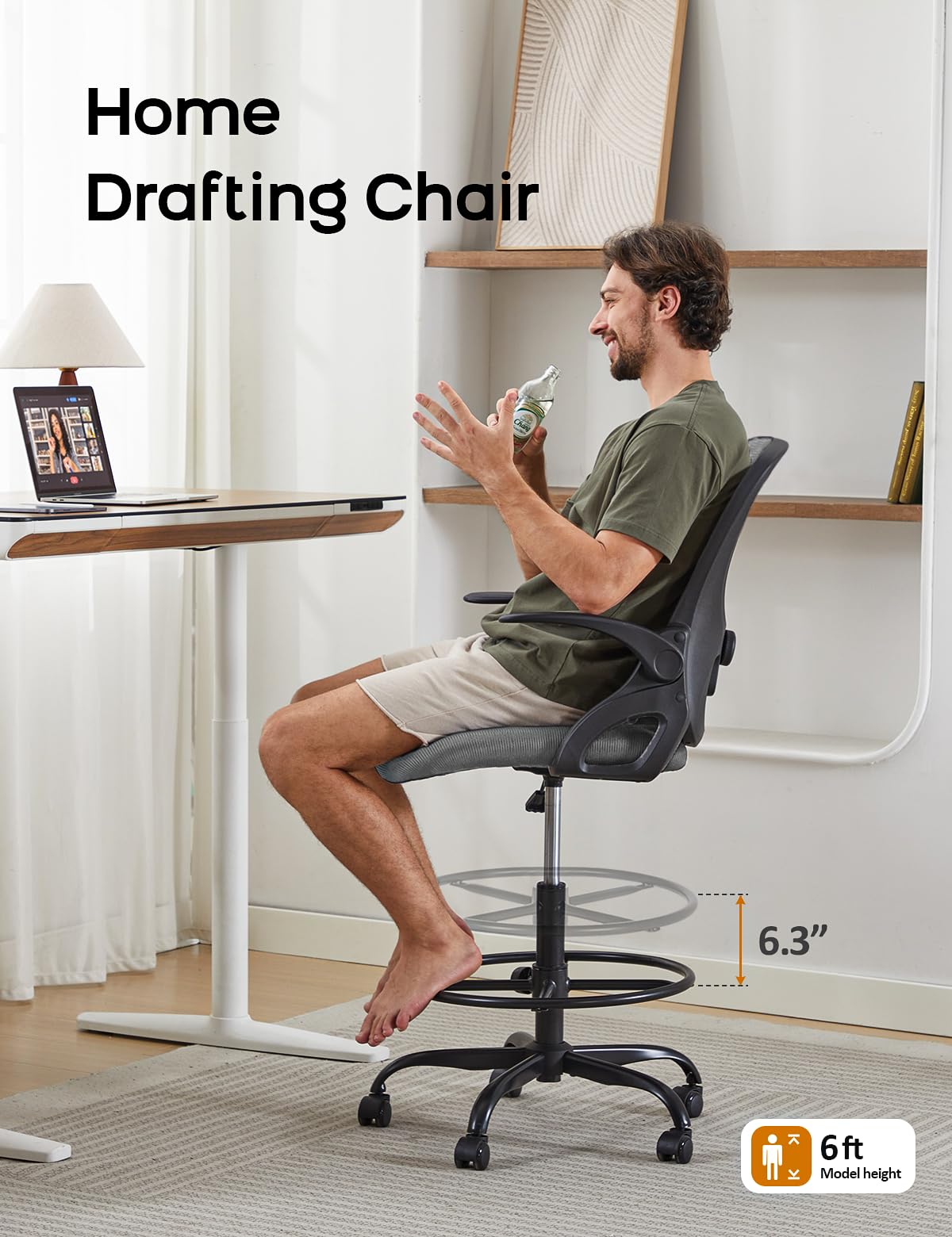 Ergonomic Drafting Chair with Flip-Up Armrests & Adjustable Footrest - Tall Office Chair for Standing Desks - Lumbar Support Computer Chair for Bar Height Workstations (Black-Gray) - Perfect for Architects, Artists & Home Office Workspaces