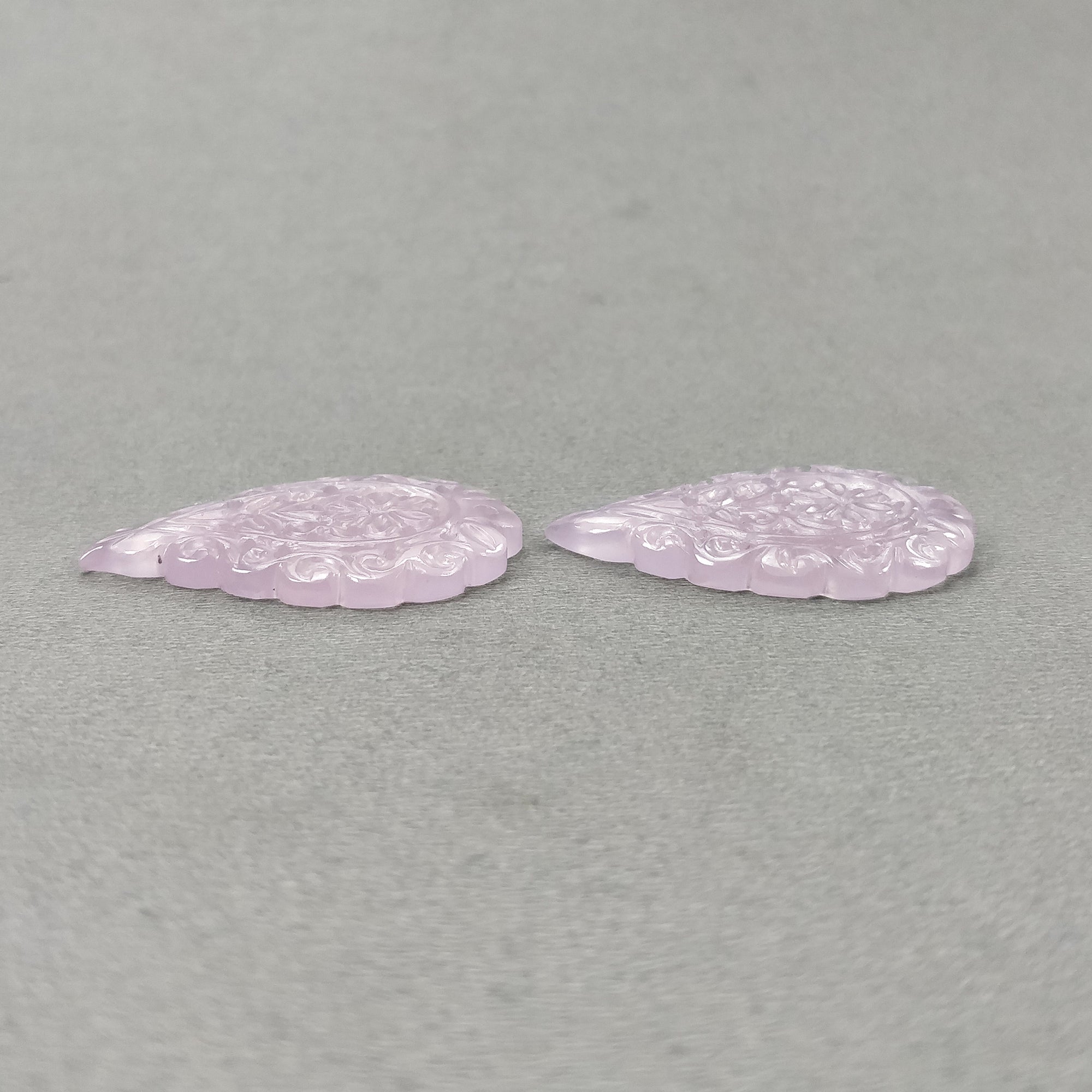 Natural Pink Chalcedony Gemstone Carving - 50.60cts Untreated Hand-Carved Indian Leaf Design (37x25mm) Pair for Jewelry Making, Meditation & Spiritual Healing | Perfect for Necklaces, Bracelets & Home Decor