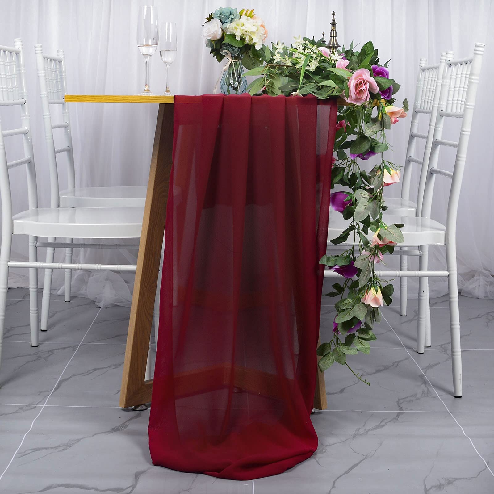 DUOBAO Burgundy Chiffon Table Runner 29x120 Inches - Elegant Beaded Sheer Wedding Tablecloth for Reception, Party, Banquet Decor - Perfect for Bridal Showers, Anniversary Celebrations & Formal Dining