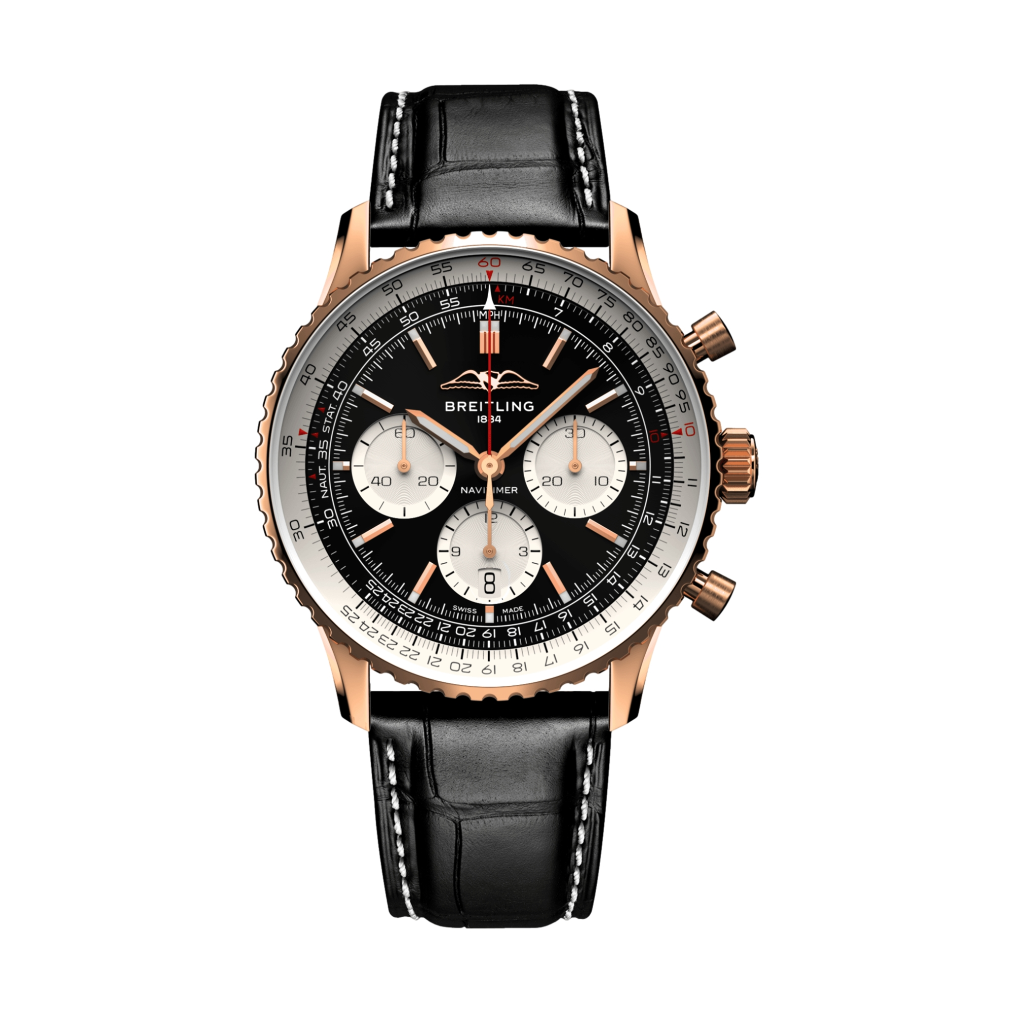 Breitling Navitimer B01 Chronograph 18k Rose Gold 43mm Men's Watch with Black Leather Strap - Luxury Pilot Watch for Aviation & Business Professionals