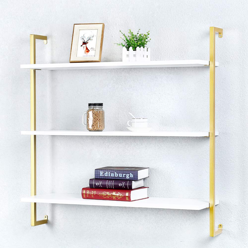 Industrial Metal and Wood Floating Wall Shelf - 36 Inch Rustic Bookshelf with 3 Tiers, Heavy Duty Wall Mounted Storage for Living Room, Bedroom, or Office Decor