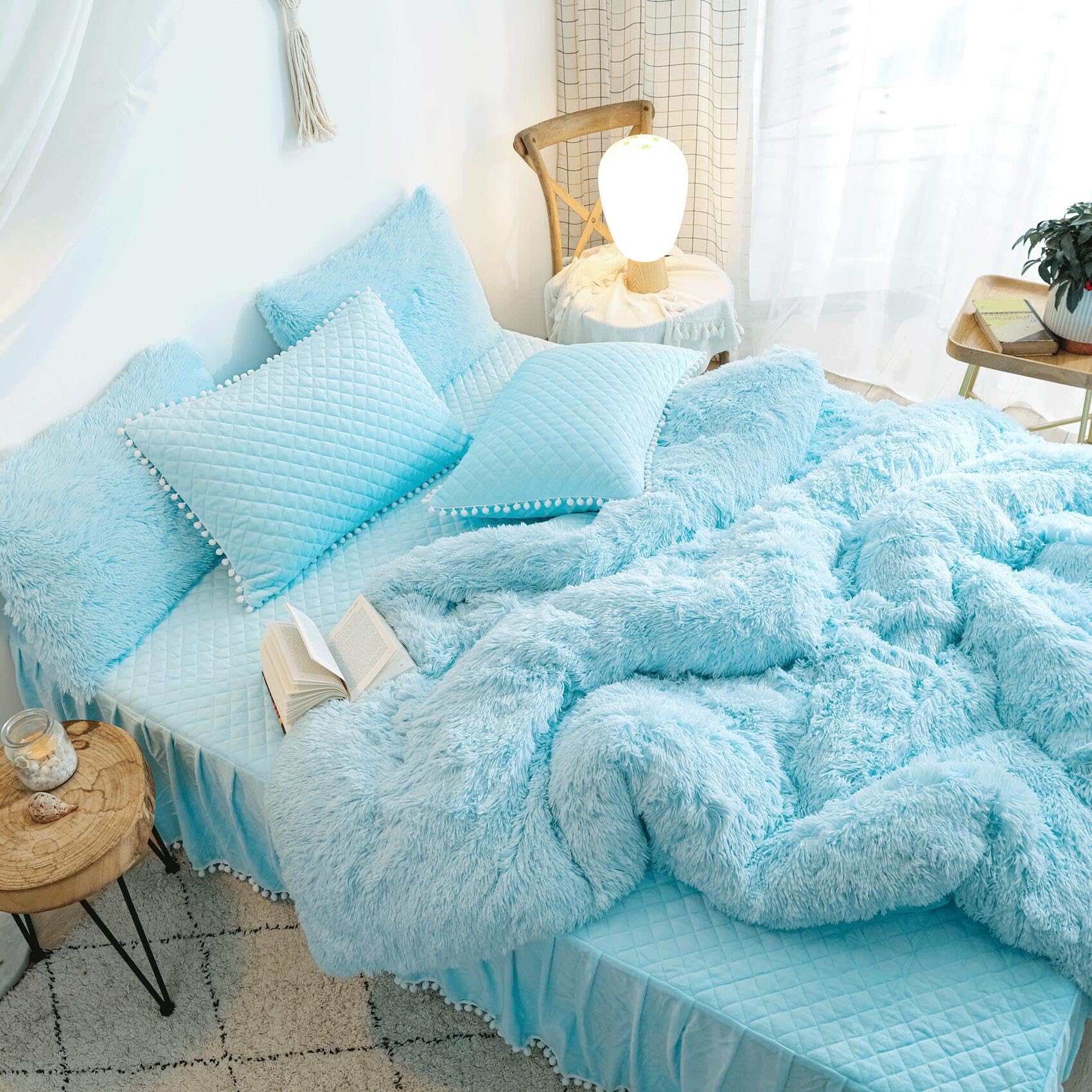 Soft Fluffy Blue Comforter Cover Queen Size - Plush Light Blue Bedding Set 3pc (1 Fuzzy Duvet Cover + 2 Faux Fur Pillowcases) Shaggy Blue Bed Set for Cozy Winter Nights - Perfect for Master Bedroom & Guest Room Decor (Blue, Queen)