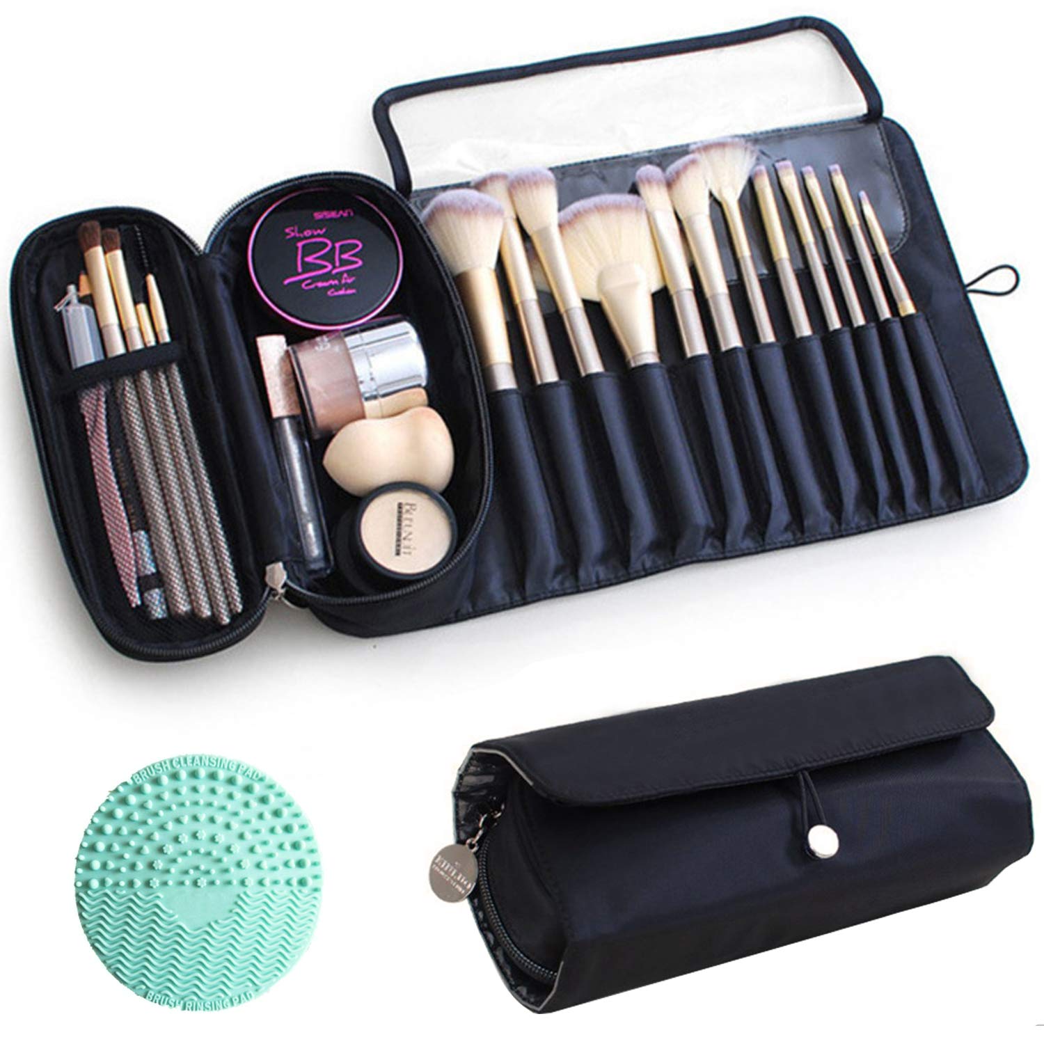 Travel Makeup Brush Case - Portable Roll Up Organizer for Brushes & Cosmetics (Black) - Perfect for Travel & Home Use
