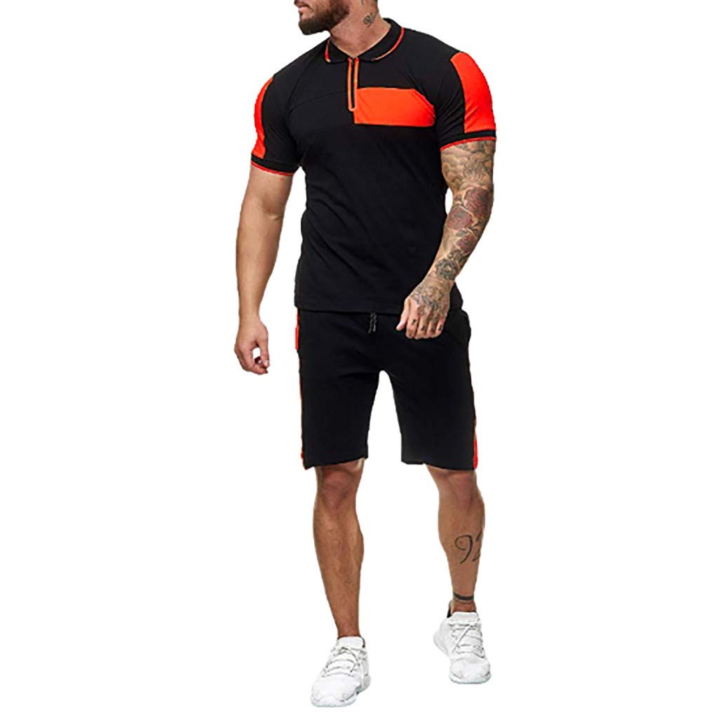 Men's 2-Piece Casual Jumpsuit Set - Short Sleeve Color Block T-Shirt & Matching Shorts Tracksuit (Orange) | Summer Streetwear, Gym Outfit & Lounge Wear for Men