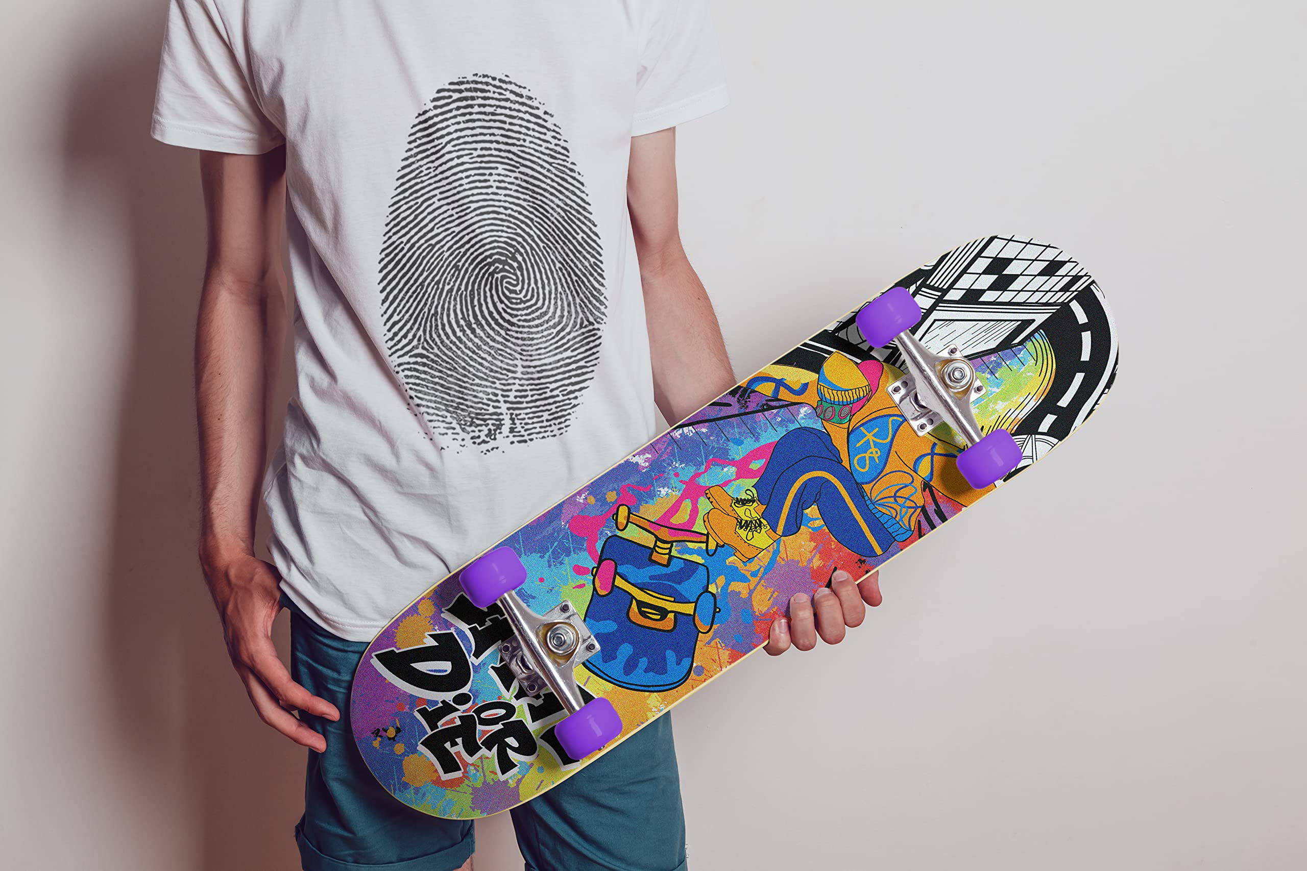 Rainbow Grip Tape Skateboard for Kids - Non-Slip Skateboard Deck with 'Skate or Die' Printed Design | Perfect for Young Boys Learning Skateboard Tricks & Street Skating