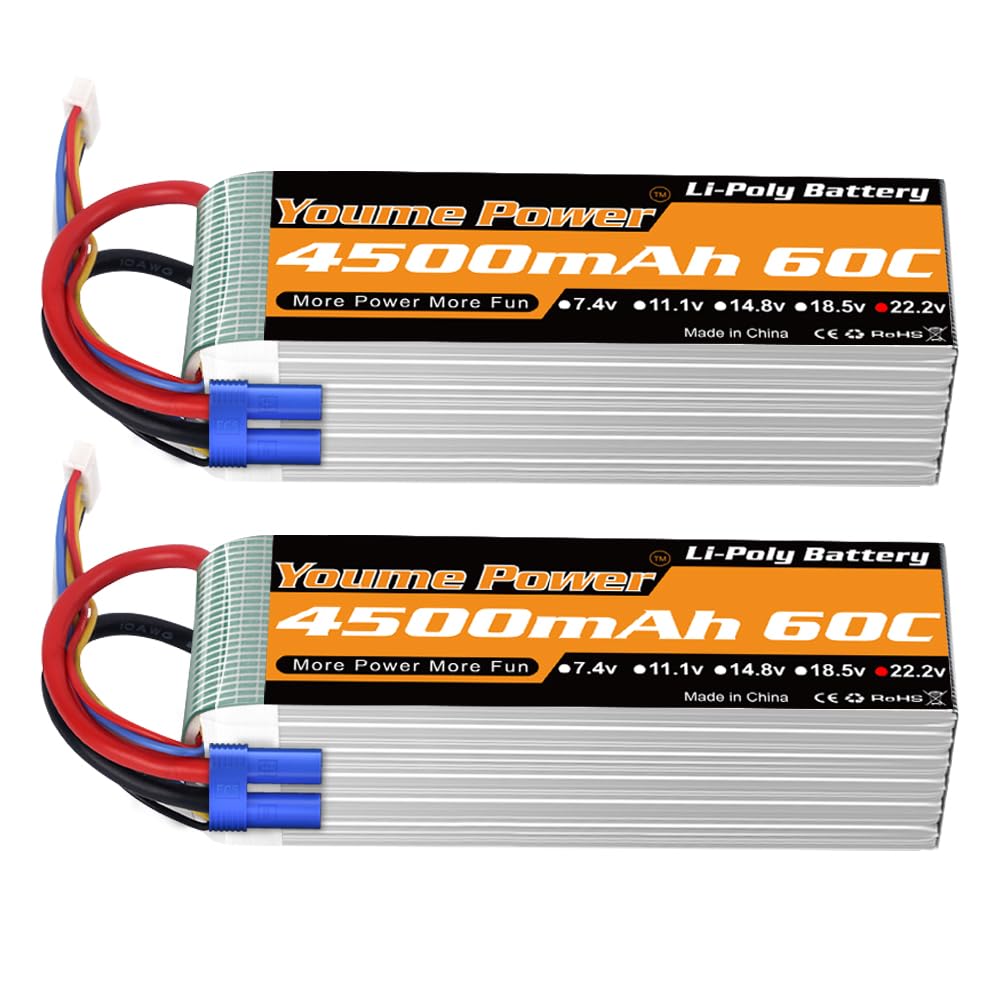 Youme 6S Lipo Battery 22.2V 4500mAh 60C with EC5 Plug - High Performance RC Battery for X Class Drone Racing, 70MM-90MM EDF, Quadcopter, Airplane, Helicopter, Car, Truck, Boat - Perfect for FPV Racing and RC Hobby (2 Packs)