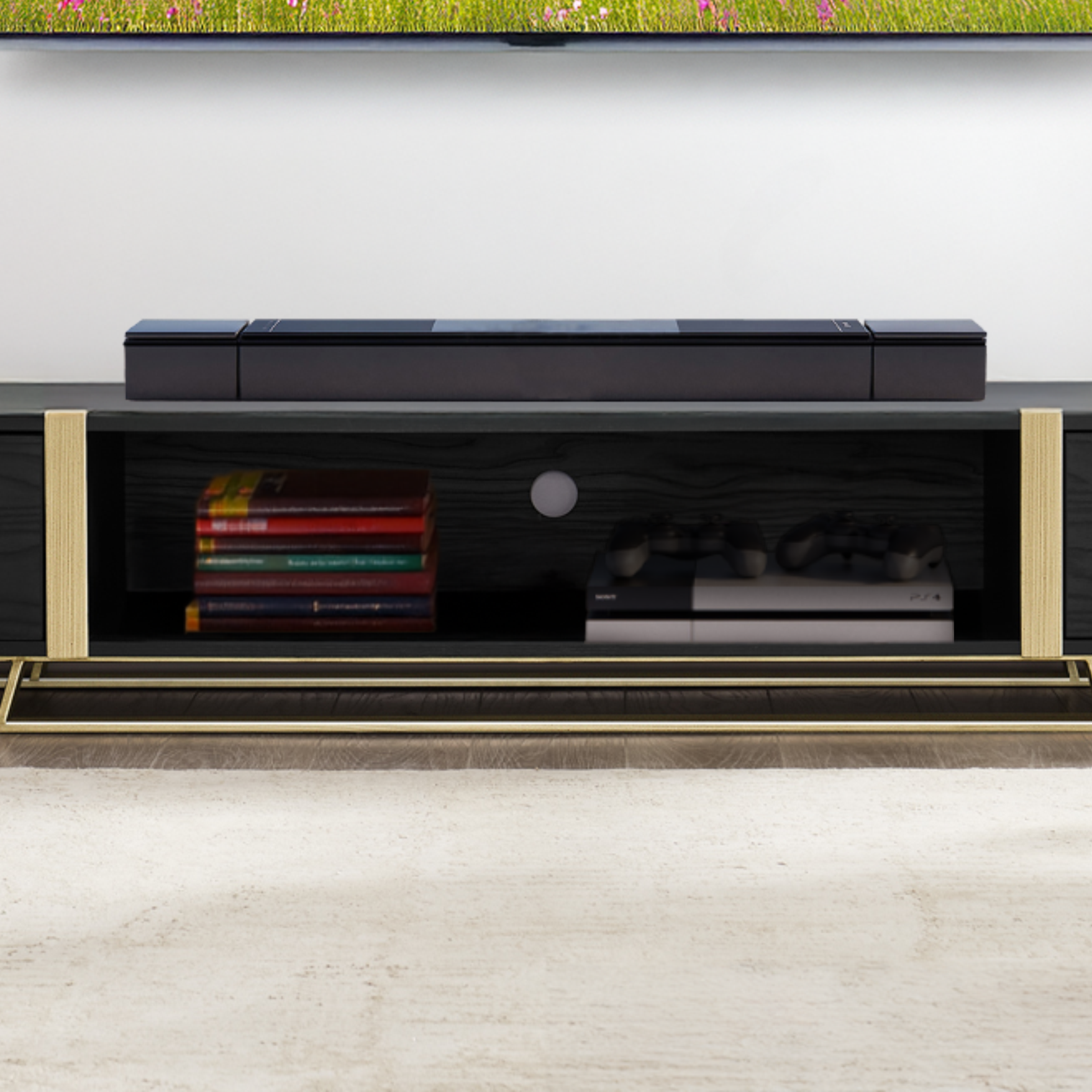 Modern Capri TV Stand 2000mm - Black Oak & Gold Entertainment Center for Living Room - Slim Low Profile Media Cabinet for TV, Gaming & Home Theater Setup