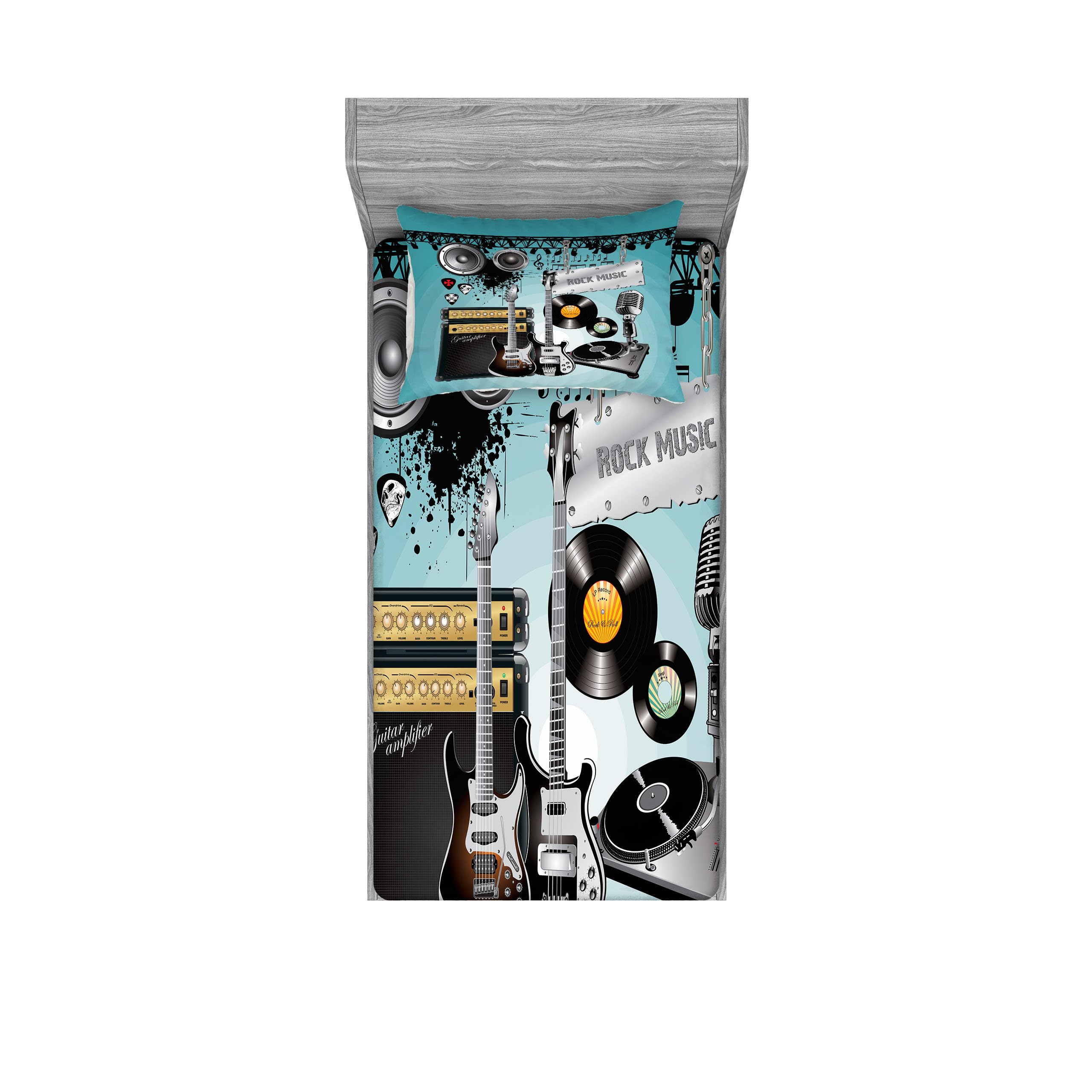 Ambesonne Rock Music Fitted Sheet & Pillow Sham Set - Concert Themed Bedding with Guitars, Records & Speakers - Grey Twin Size 2-Piece Printed Decor - Perfect for Music Lovers' Bedrooms & Rock-Themed Dorm Rooms