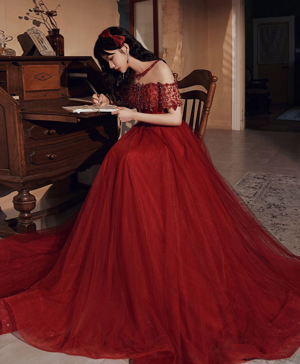Elegant Burgundy Round Neck Beaded Tulle Long Prom Dress for Women | Formal Evening Gown for Graduation, Homecoming, and Special Occasions