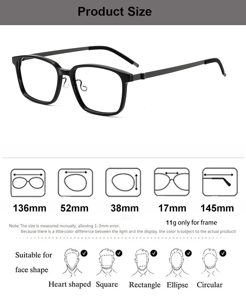 Unisex Full Rim Square Screwless Titanium Acetate Eyeglasses Frame 6007 - Lightweight Durable Glasses for Work, Reading & Everyday Wear