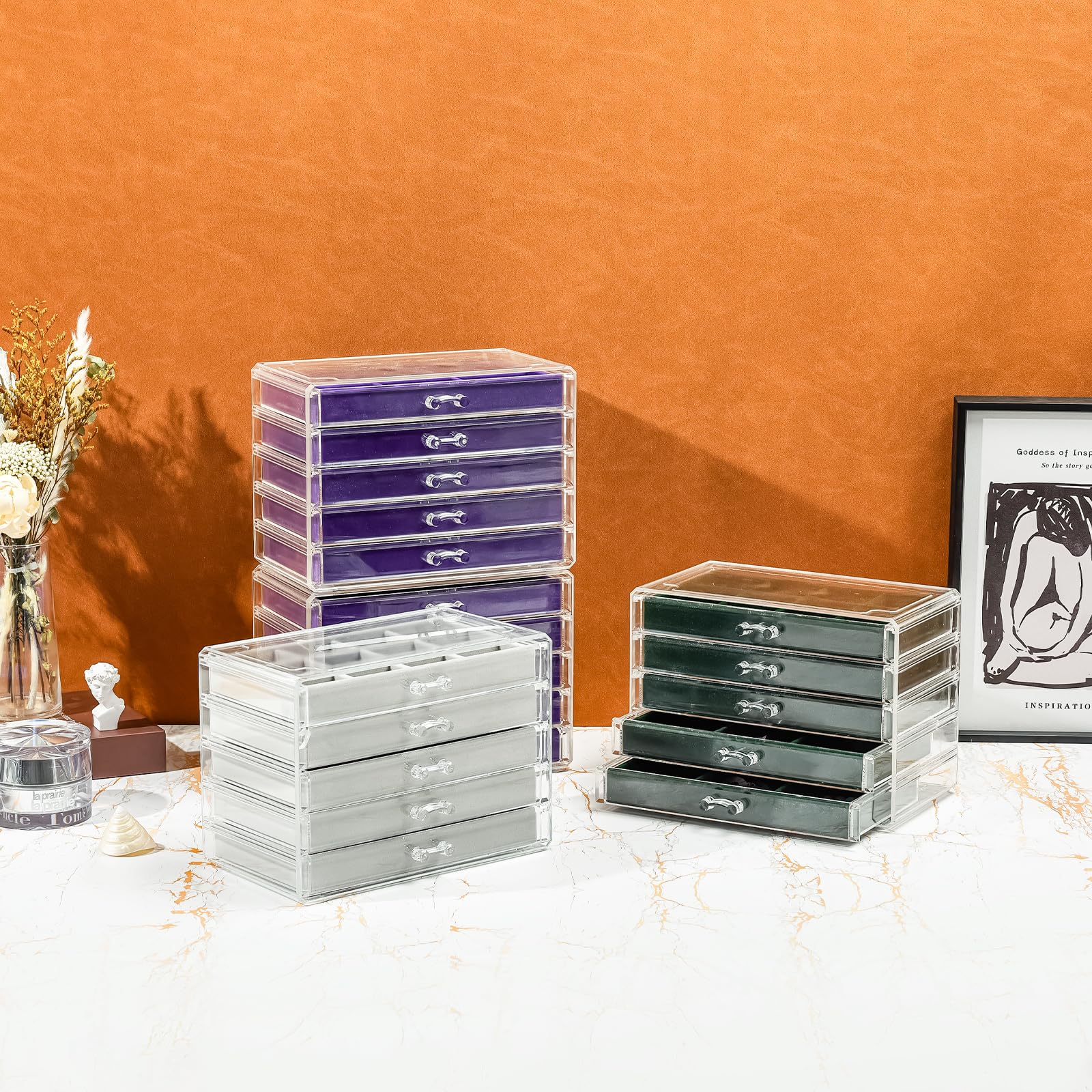 ProCase 5-Drawer Acrylic Jewelry Organizer Box with Adjustable Velvet Trays - Clear Earring Holder for Women (Emerald Green) | Perfect for Bedroom Vanity, Closet Storage & Travel Jewelry Case