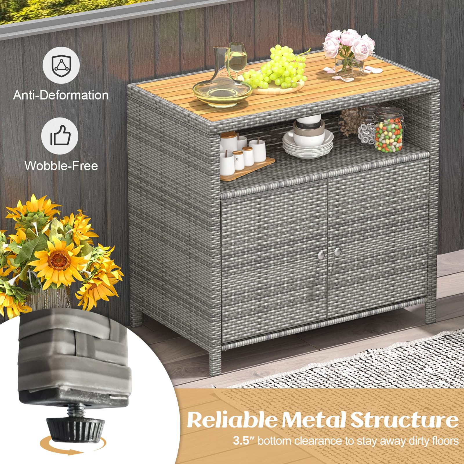 Tangkula Rattan Storage Cabinet with Acacia Wood Countertop - 2-Door Wicker Sideboard for Outdoor Patio, Poolside & Garden - Mix Grey Storage Organizer with Open & Enclosed Compartments