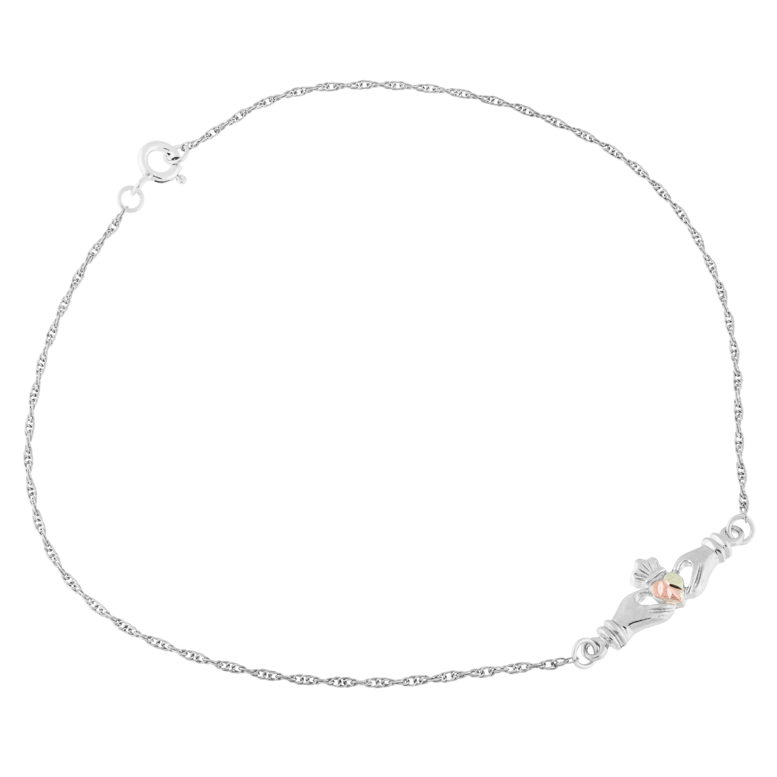 Sterling Silver Claddagh Ankle Bracelet with 12k Green Gold & Rose Gold Accents | Authentic Black Hills Gold Jewelry | Perfect for Irish Weddings, Anniversaries & St. Patrick's Day Gifts