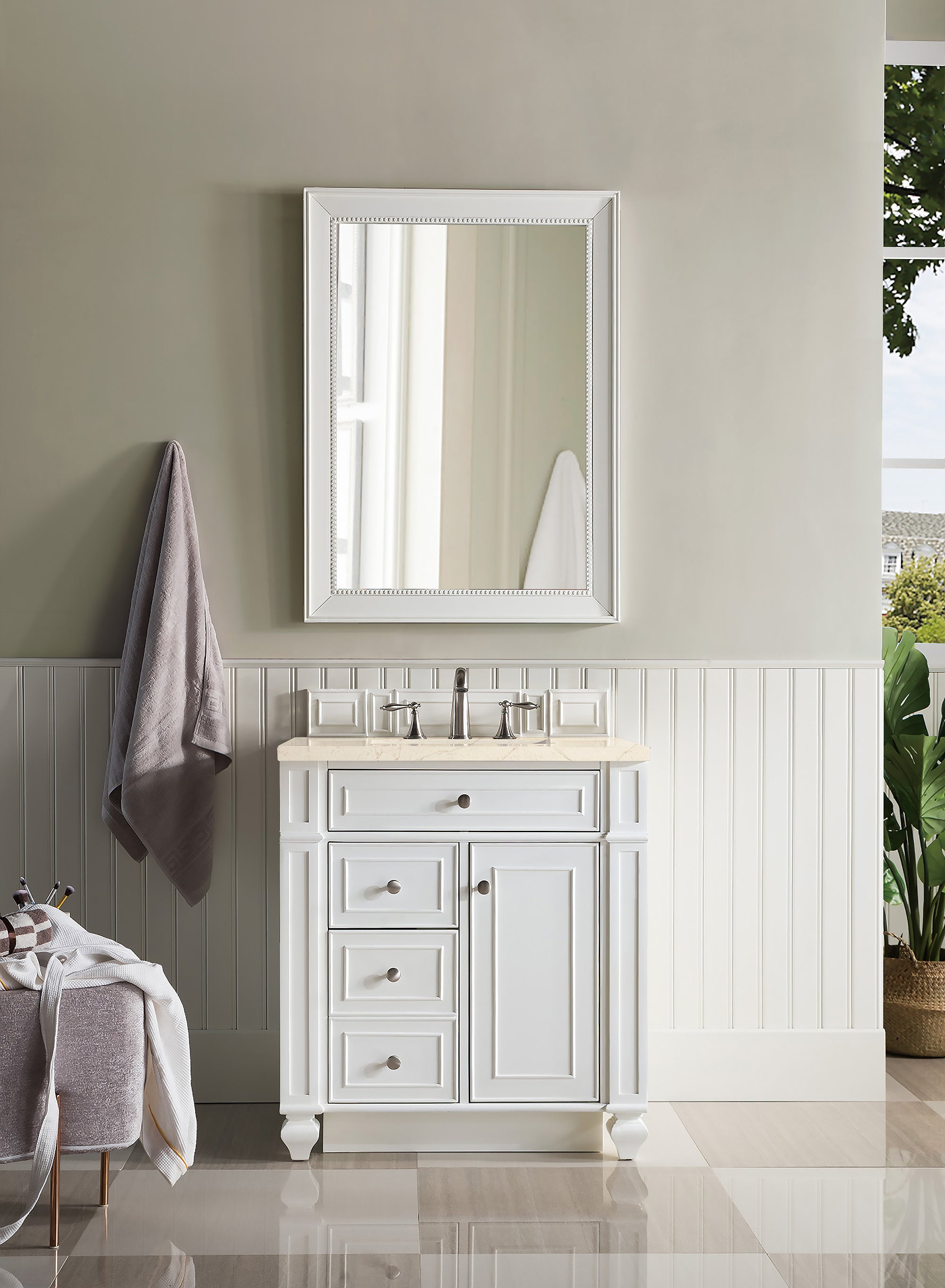 Bristol 30 Inch Single Bathroom Vanity Set with 3CM Eternal Marfil Quartz Countertop in Bright White - Perfect for Modern Master Bathrooms & Powder Rooms