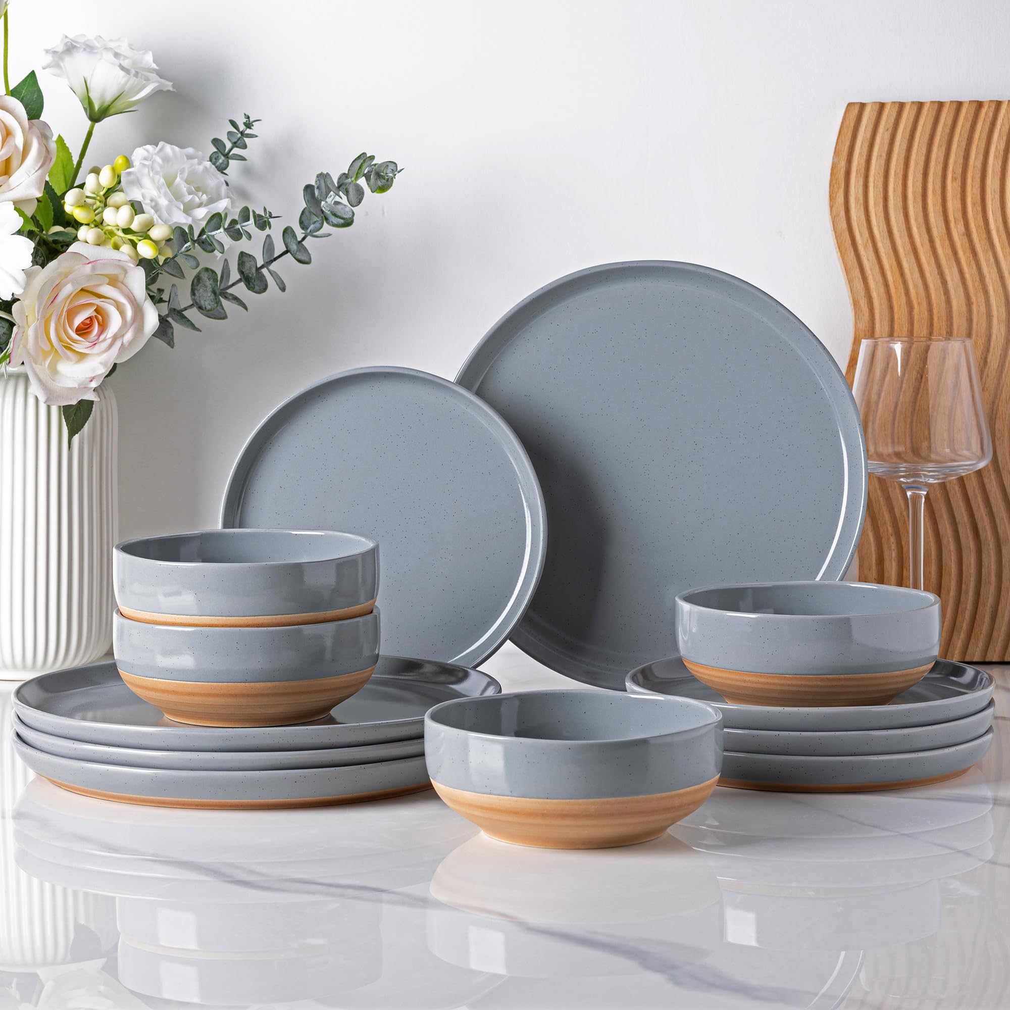 AmorArc 12-Piece Ceramic Dinnerware Set for 4 - Hand-Painted Stoneware Plates & Bowls with Rustic Terracotta Underside, Scratch Resistant, Dishwasher & Microwave Safe, Gray - Perfect for Family Dinners, Entertaining Guests & Everyday Use