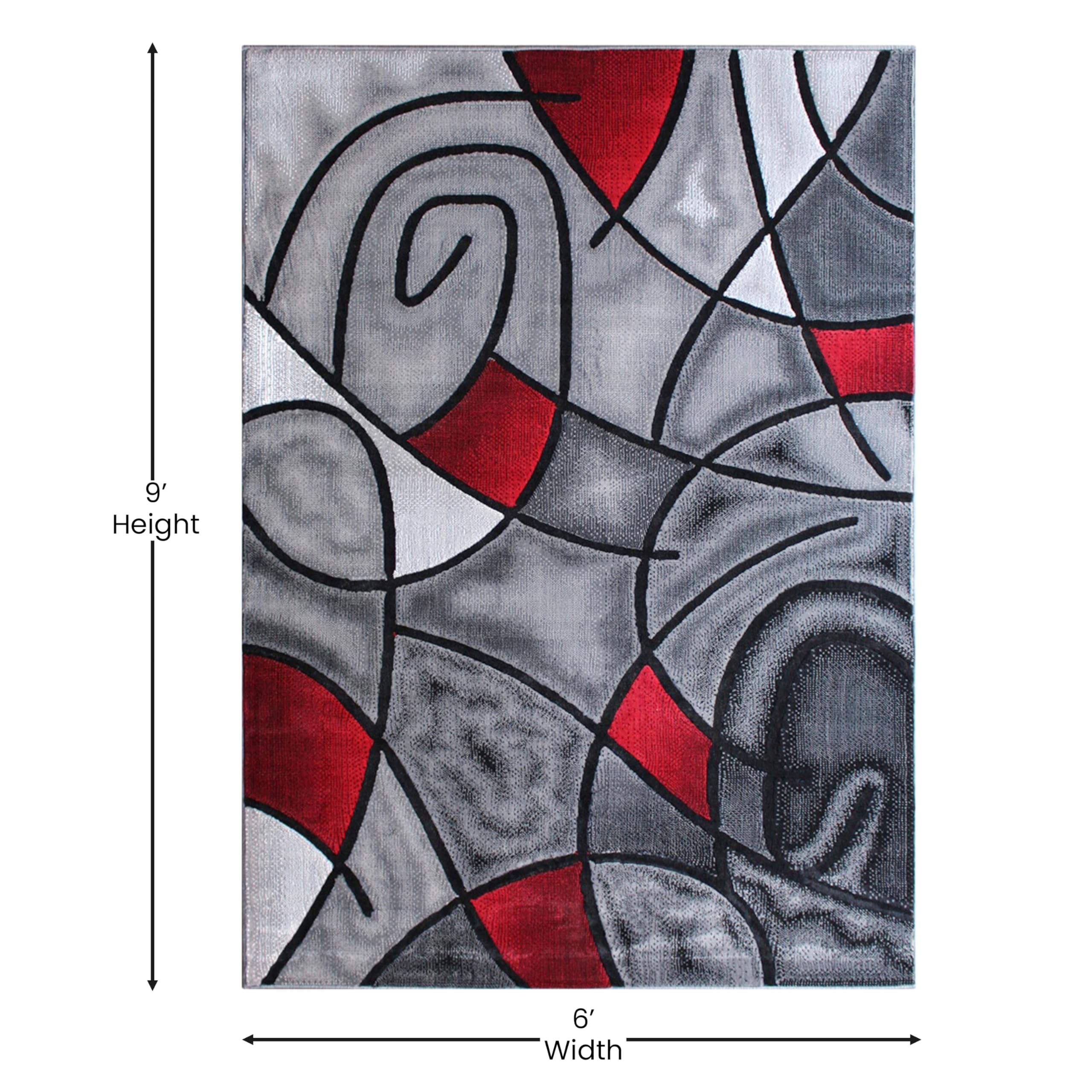 EMMA + OLIVER Urbane Plush Olefin Accent Rug - 6x9 Feet Abstract Geometric Design with Gray Gradient & Red Accents - Stain & Moisture Resistant Indoor-Outdoor Rug - Perfect for Living Room, Bedroom or Office Decor