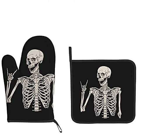 Skeleton Skull Boho Hippie Oven Mitts and Pot Holders Set - Heat Resistant Kitchen Gloves for Baking, Cooking, BBQ & Grilling - Durable & Stylish Hand Protection for Hot Pans & Dishes
