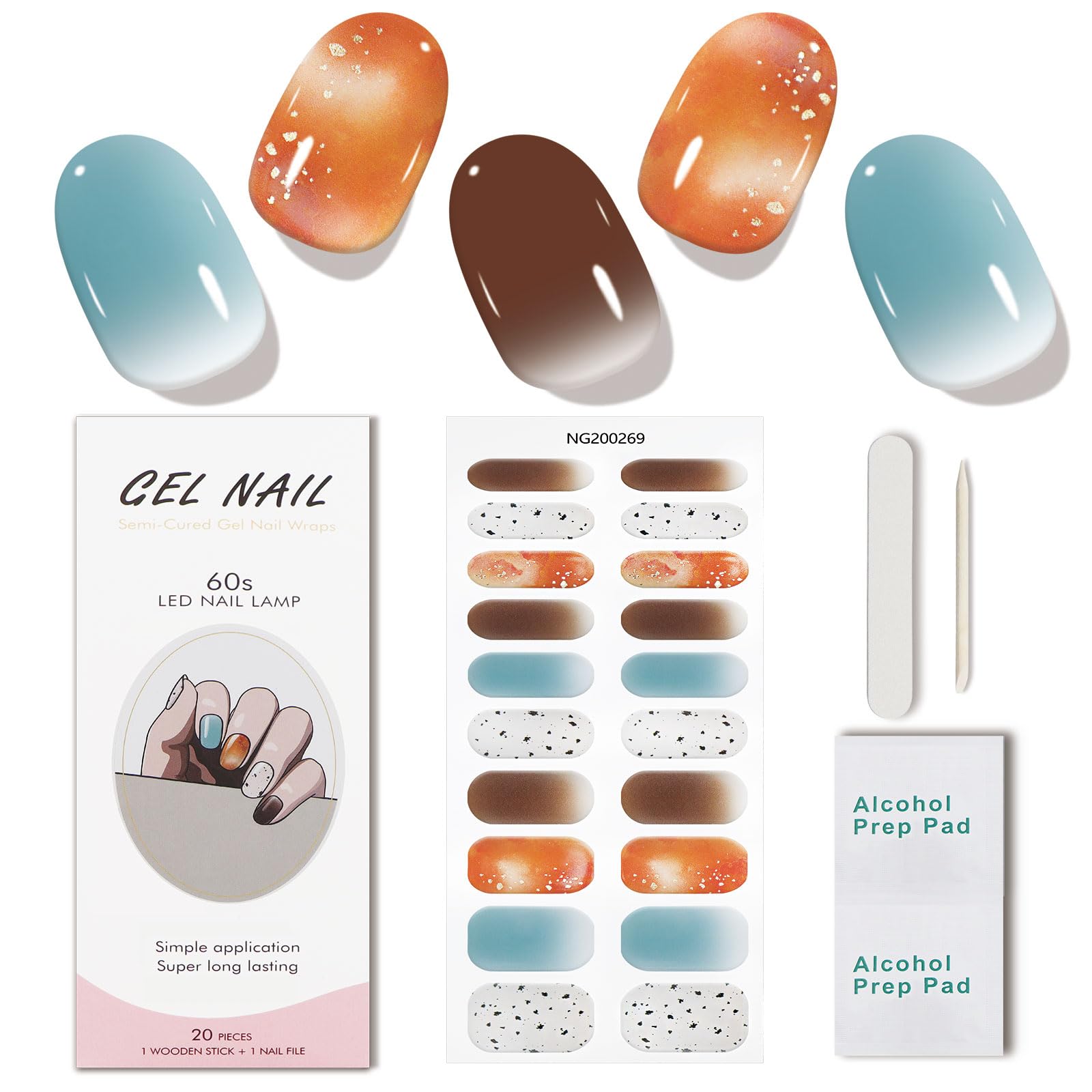 JMEOWIO Maroon Orange Blue Gel Nail Stickers - Semi-Cured UV Nail Art Decals for DIY Manicure | Perfect for Home Salon, Parties & Special Occasions