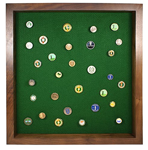 Premium Golf Ball Marker Display Case with Acrylic Cover - Holds 100 Pegged or Flat Ball Markers - Walnut Finish Wall Mounted Wooden Case (15.5
