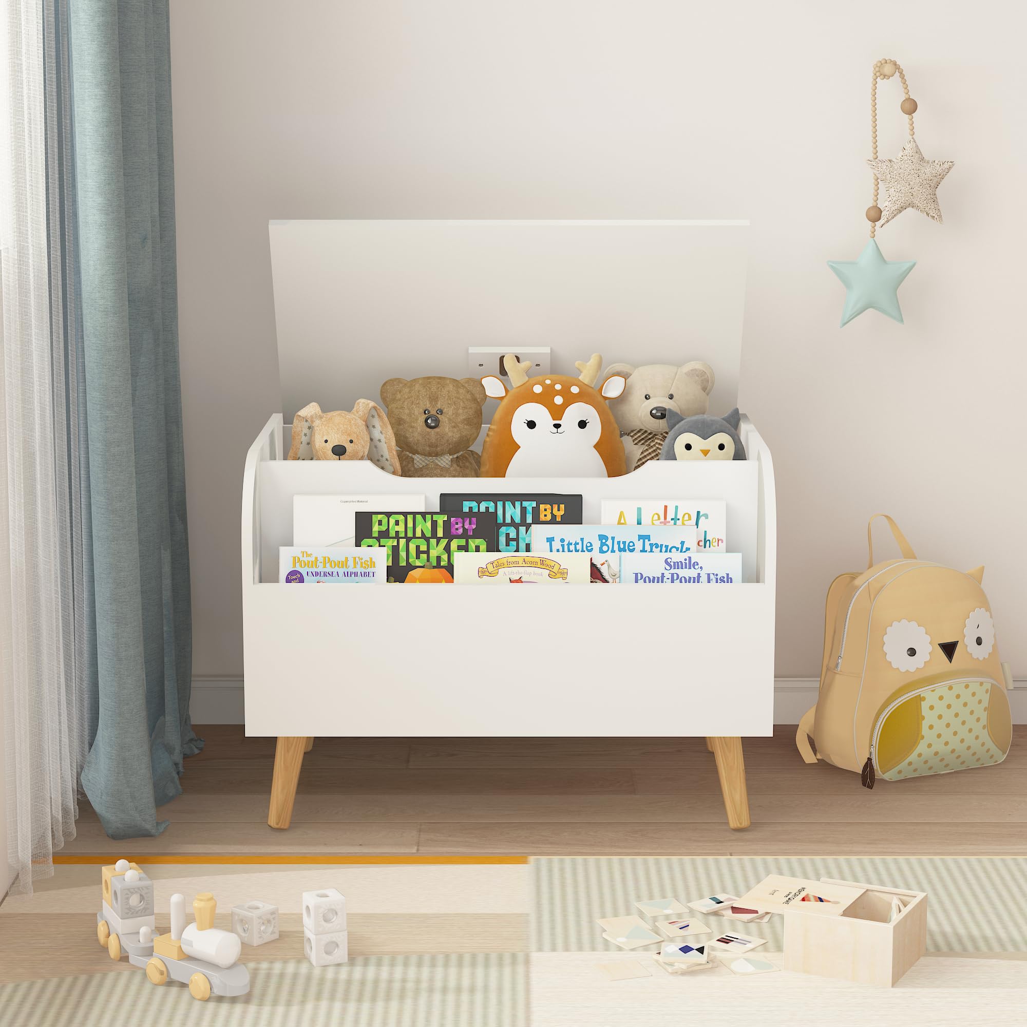 Wooden Toy Chest for Kids - Toy Storage Organizer with Front Bookshelf, Flip-Top Lid & Safety Hinges - Playroom & Kids Room Organization for Boys & Girls - White Toy Box with 4 Legs - Perfect for Bedroom, Nursery, or Play Area Storage