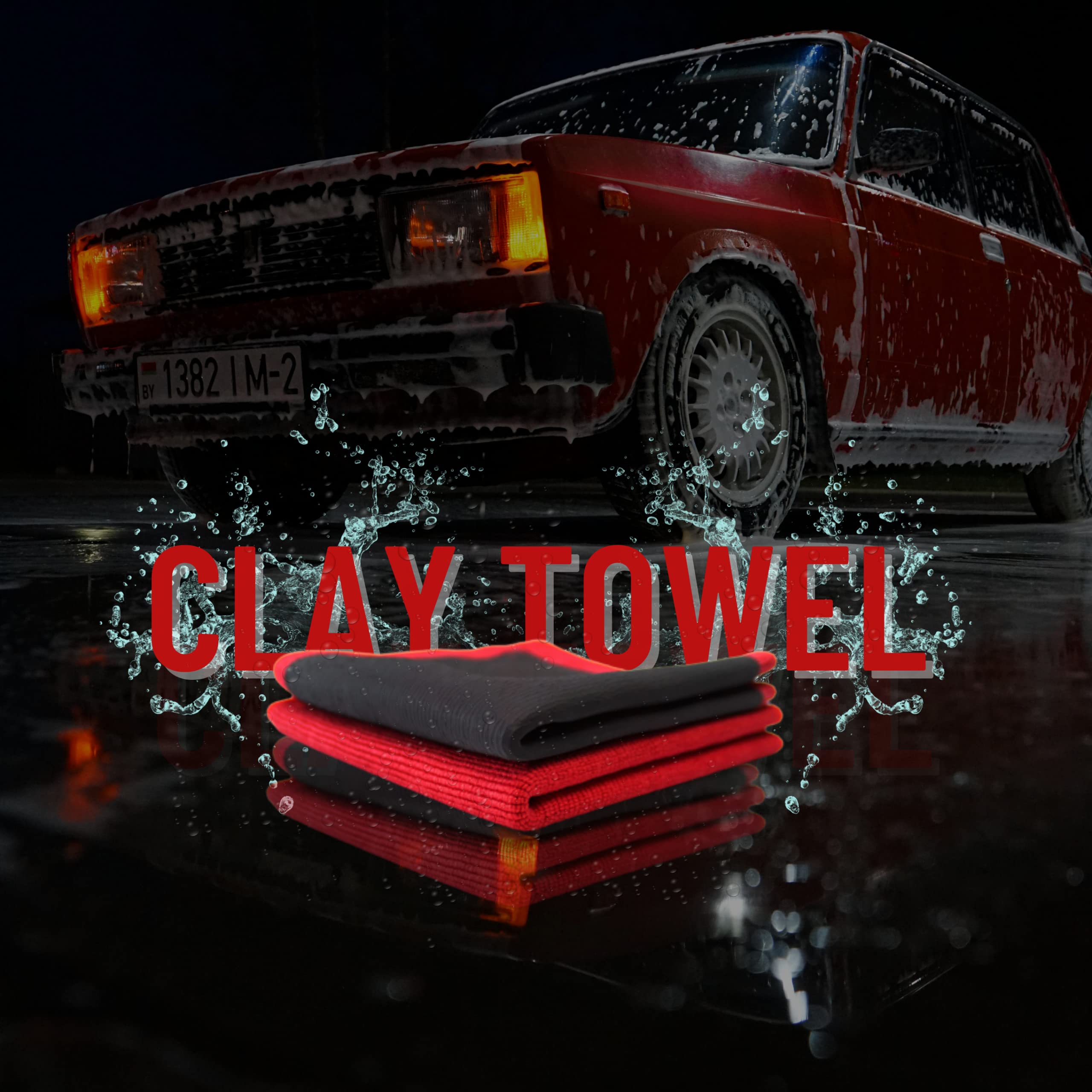 Premium Microfiber Clay Bar Towel Pack of 2 with 2 Detailing Gloves - Fine Grade Auto Clay Towel Alternative for Car Detailing & Paint Correction (Red) - Perfect for Wax Removal, Swirl Marks & Surface Contaminants