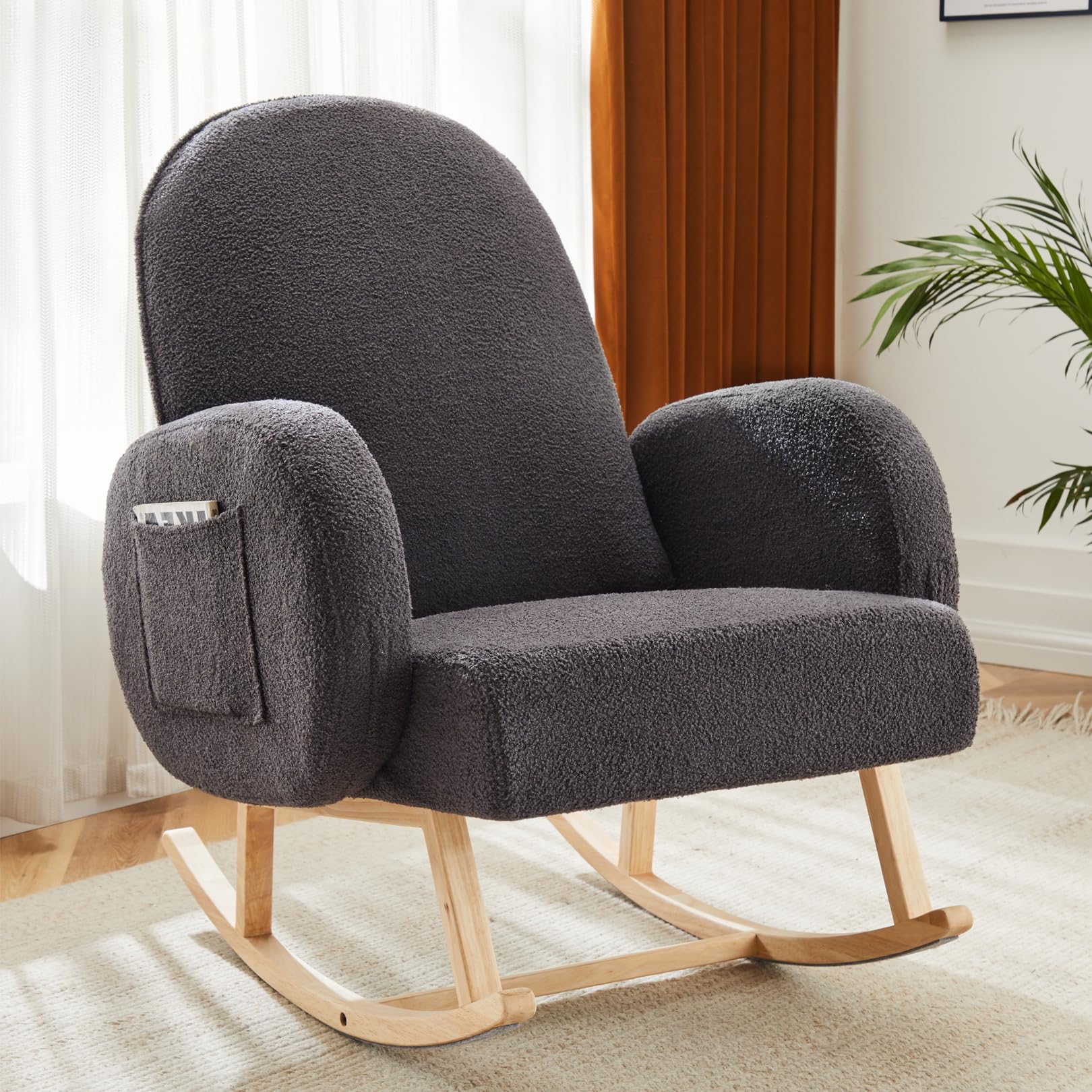 Comfortable Upholstered Rocking Chair with Side Pocket - Rubber Wood Legs Glider Accent Chair for Nursery, Living Room & Bedroom | Perfect for Nursing, Relaxing & Reading