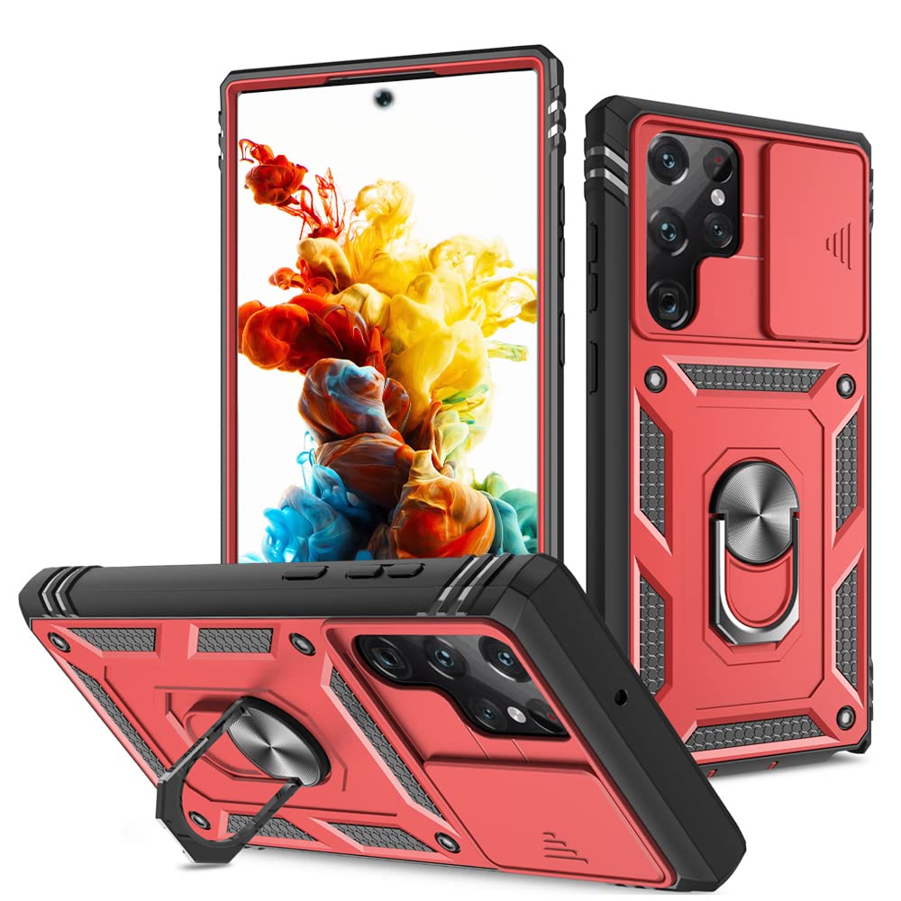Samsung Galaxy S22 Ultra Phone Case with Stand & Slide Camera Protection - Durable Shockproof Cover for Galaxy S22 Ultra (Red) - Perfect for Work, Travel & Everyday Use