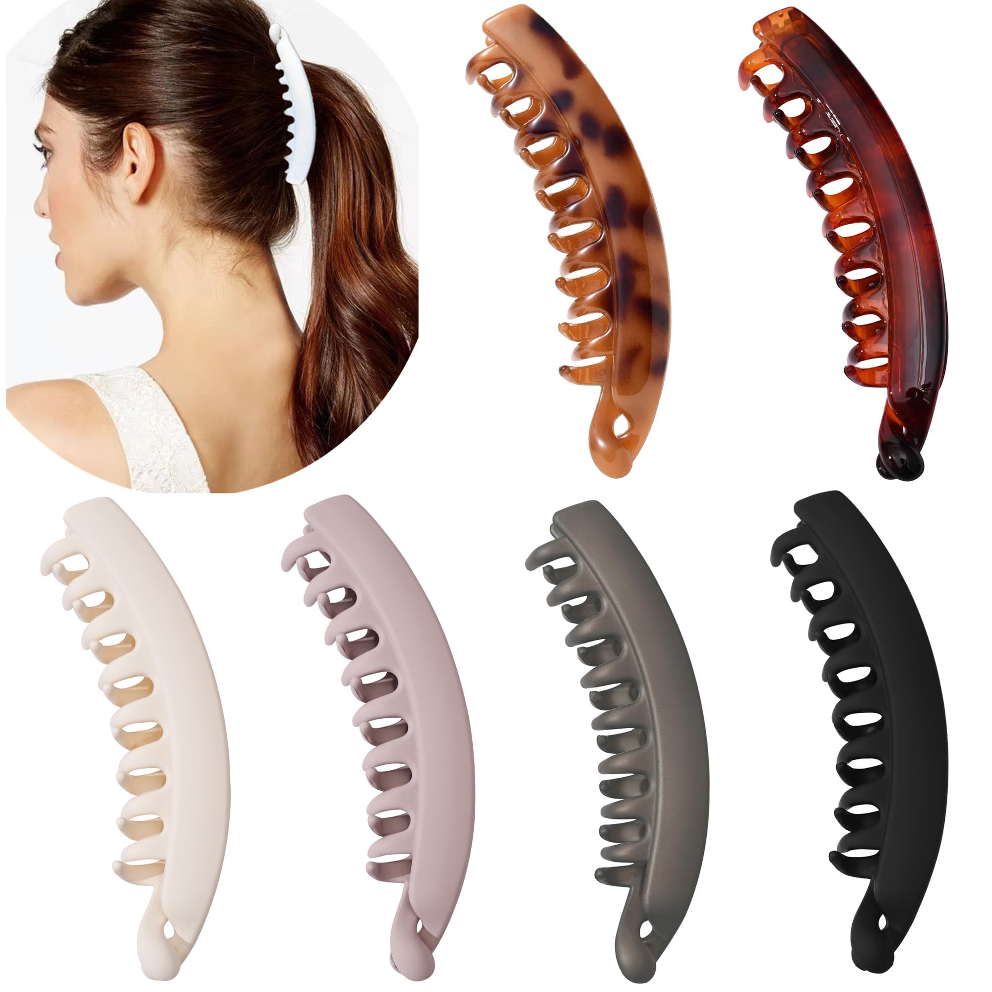 6 Pack Large Banana Hair Clips - 5 Inch Non-Slip Claw Clips for Women with Thin, Fine or Thick Hair - Perfect for Ponytails, Buns and Everyday Hairstyles