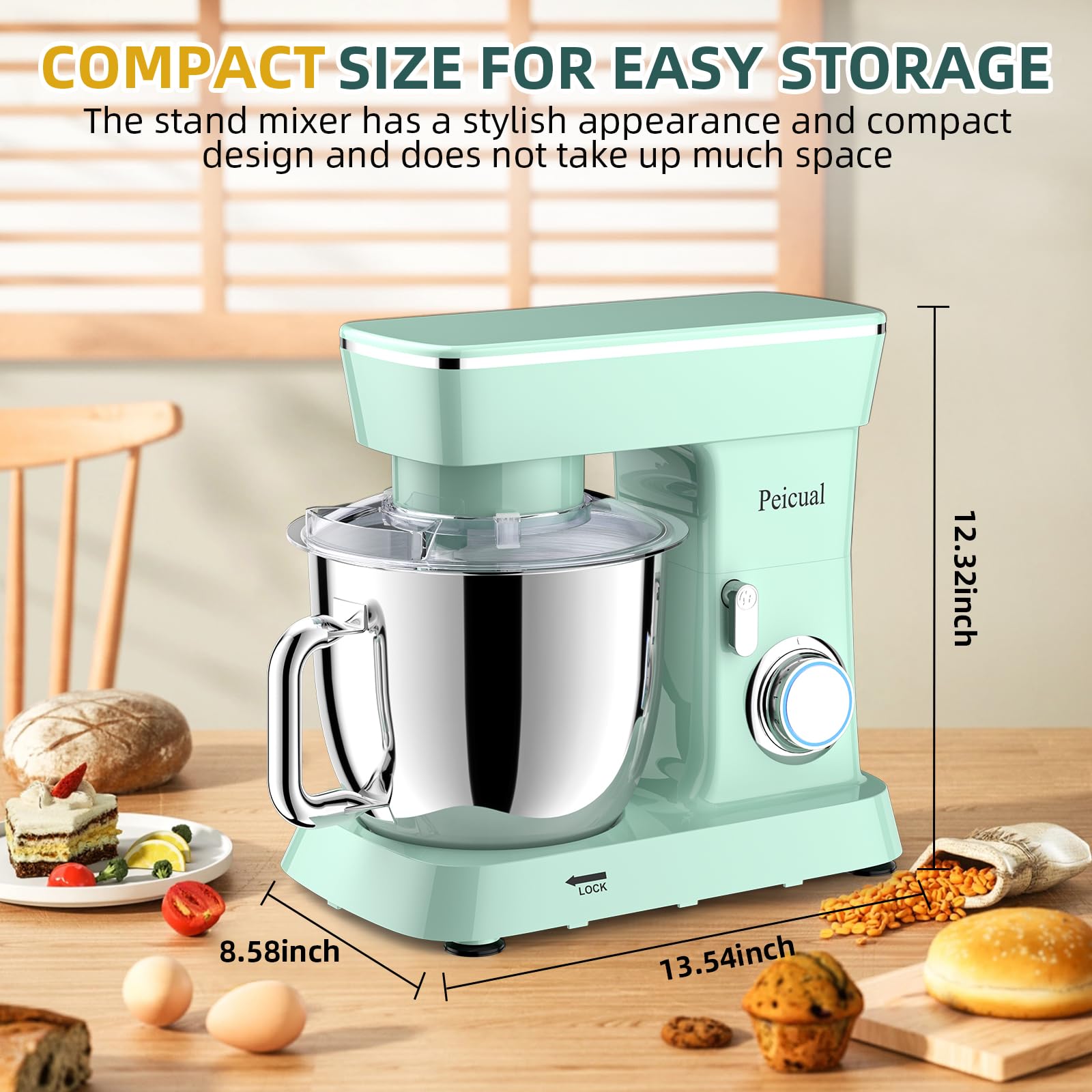 6QT 10-Speed Tilt-Head Stand Mixer with Stainless Steel Bowl - Dough Hook, Flat Beater & Wire Whisk Included - Perfect for Baking Bread, Cakes & Cookies - Green Kitchen Electric Mixer for Home Bakers
